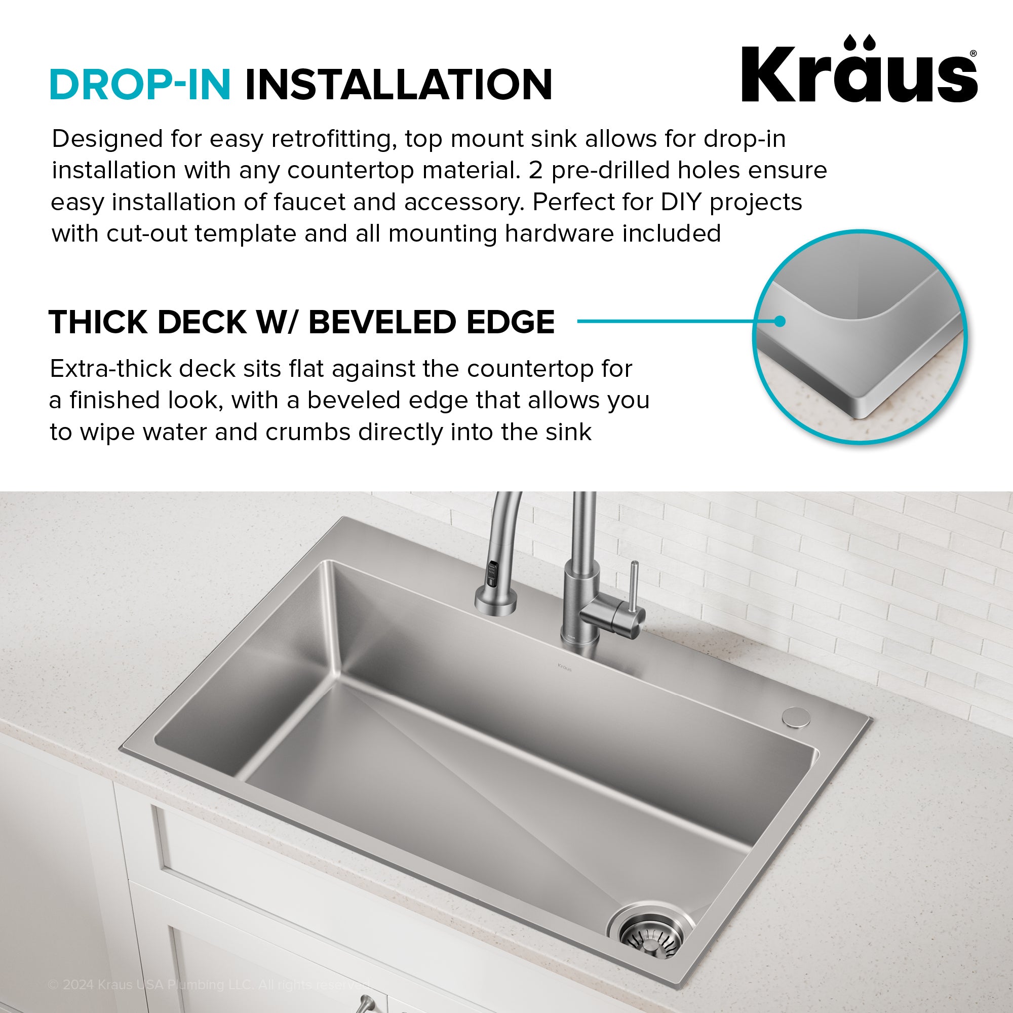 KRAUS 33” Topmount Single Bowl Stainless Steel Kitchen Sink