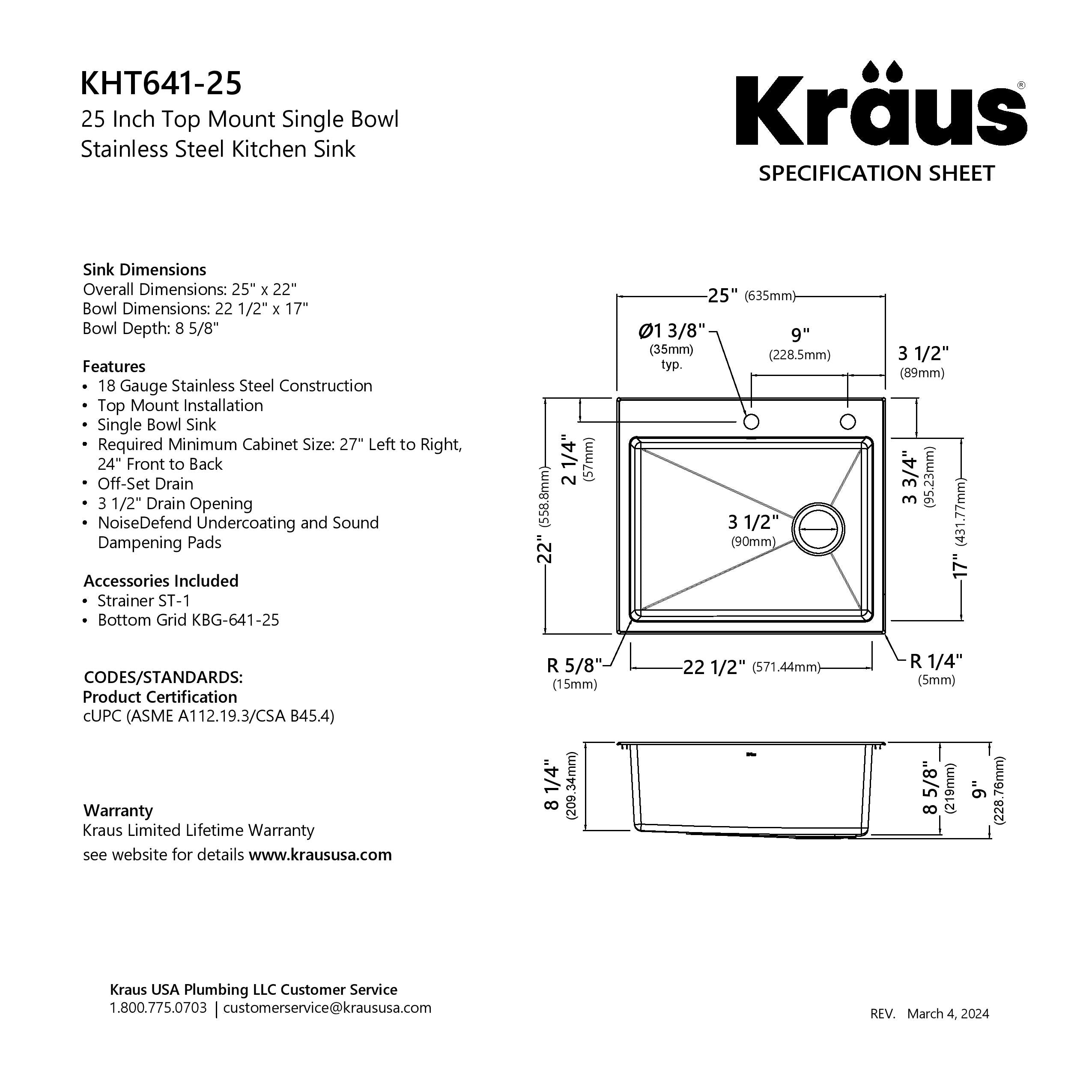 KRAUS 25” Topmount Single Bowl Stainless Steel Kitchen Sink