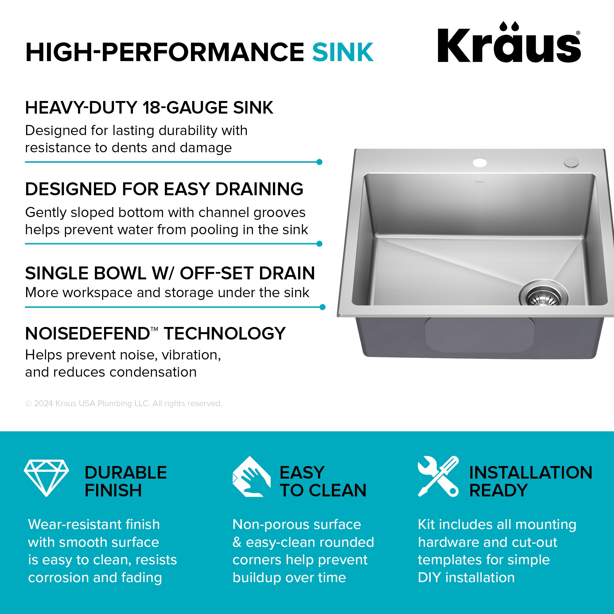 KRAUS 25” Topmount Single Bowl Stainless Steel Kitchen Sink