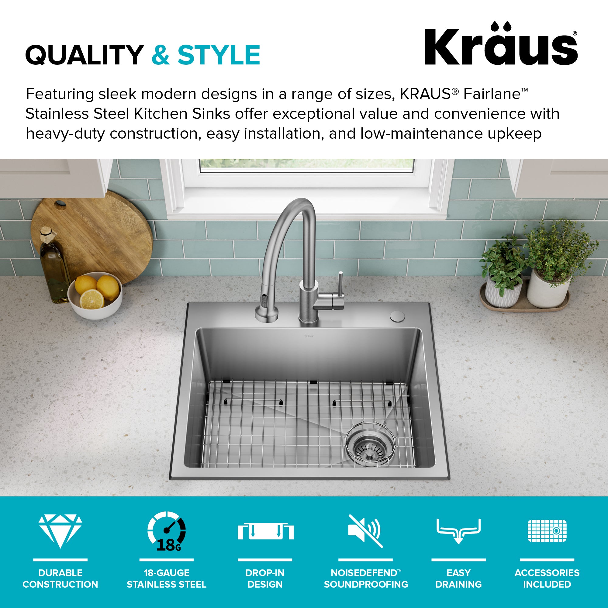 KRAUS 25” Topmount Single Bowl Stainless Steel Kitchen Sink