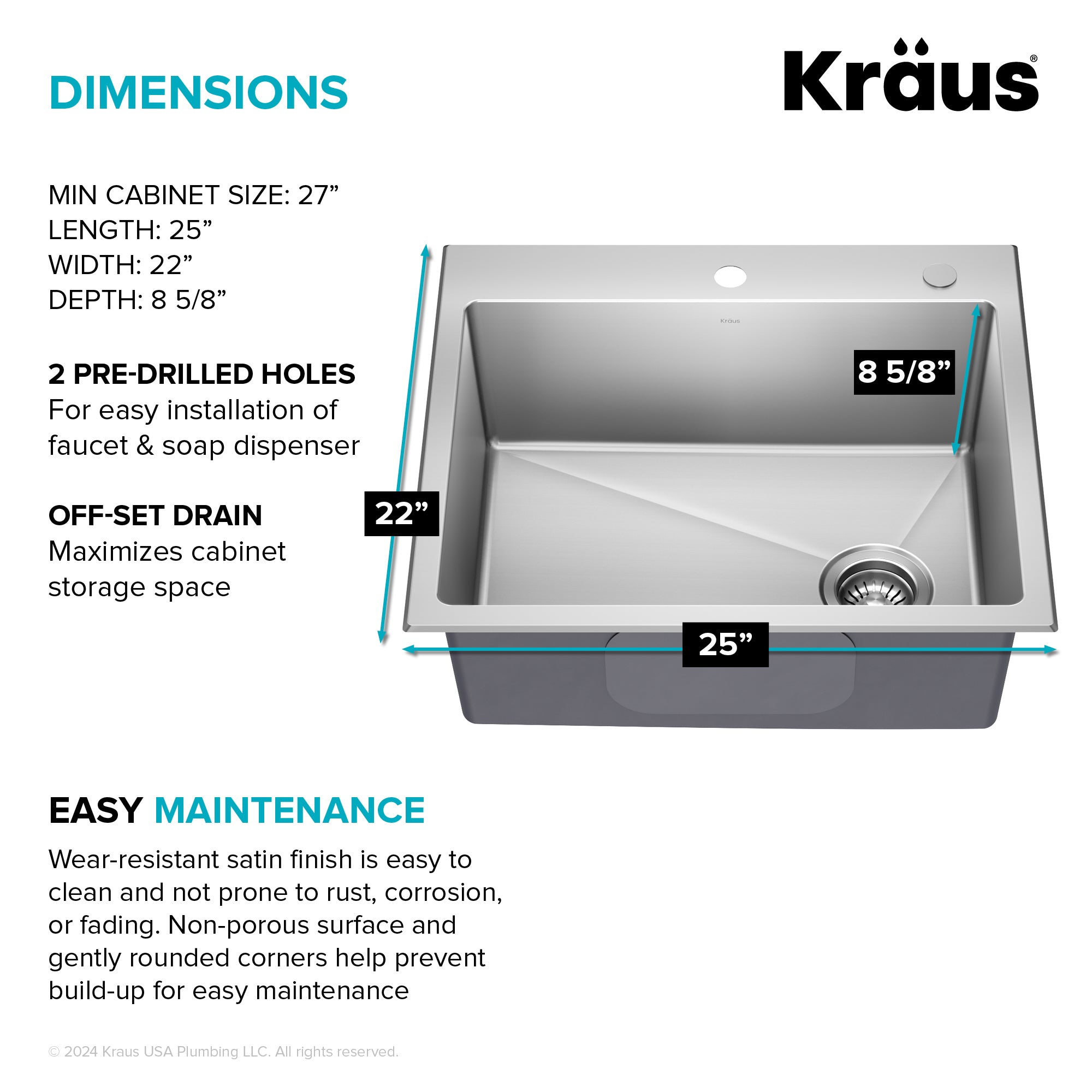 KRAUS 25” Topmount Single Bowl Stainless Steel Kitchen Sink