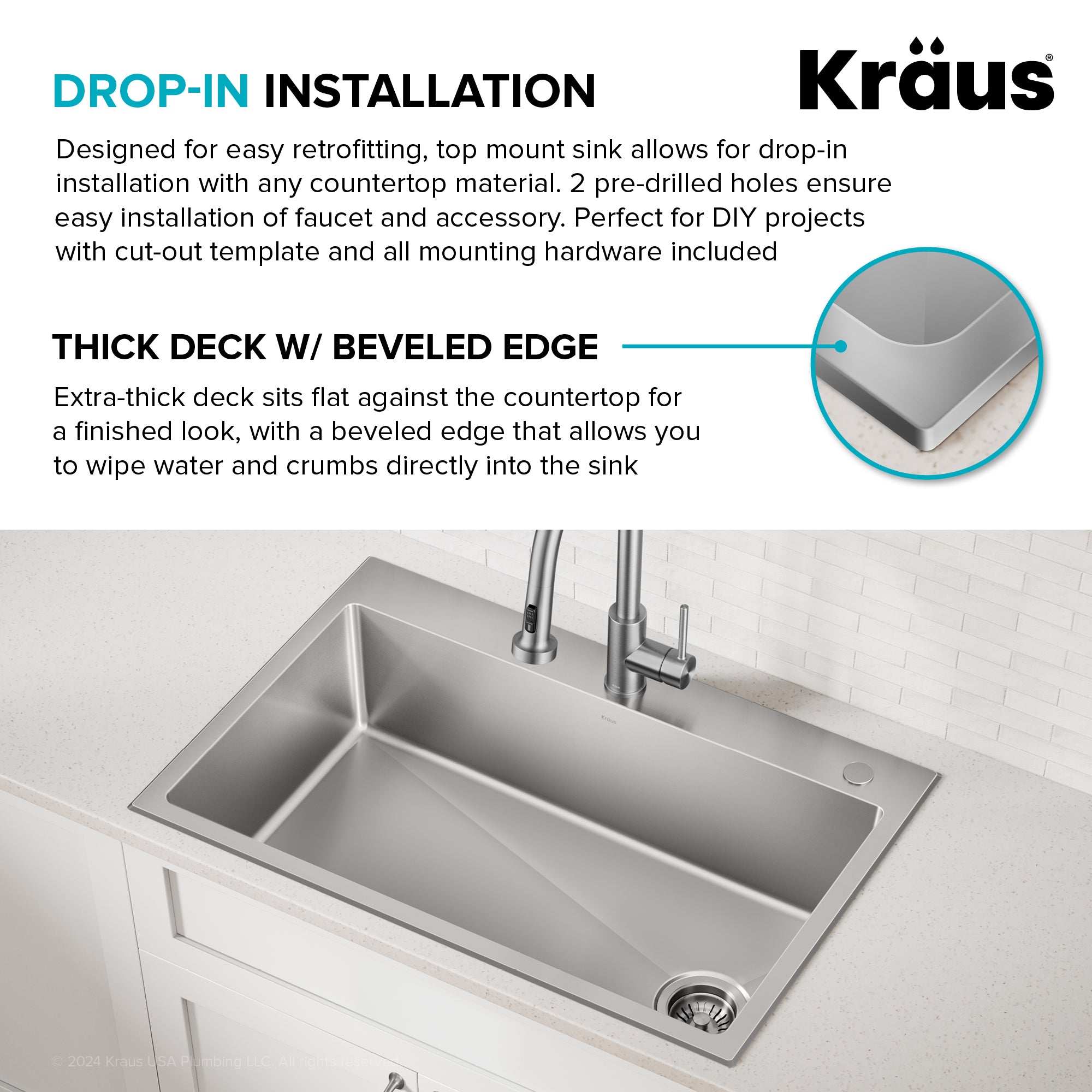 KRAUS 25” Topmount Single Bowl Stainless Steel Kitchen Sink