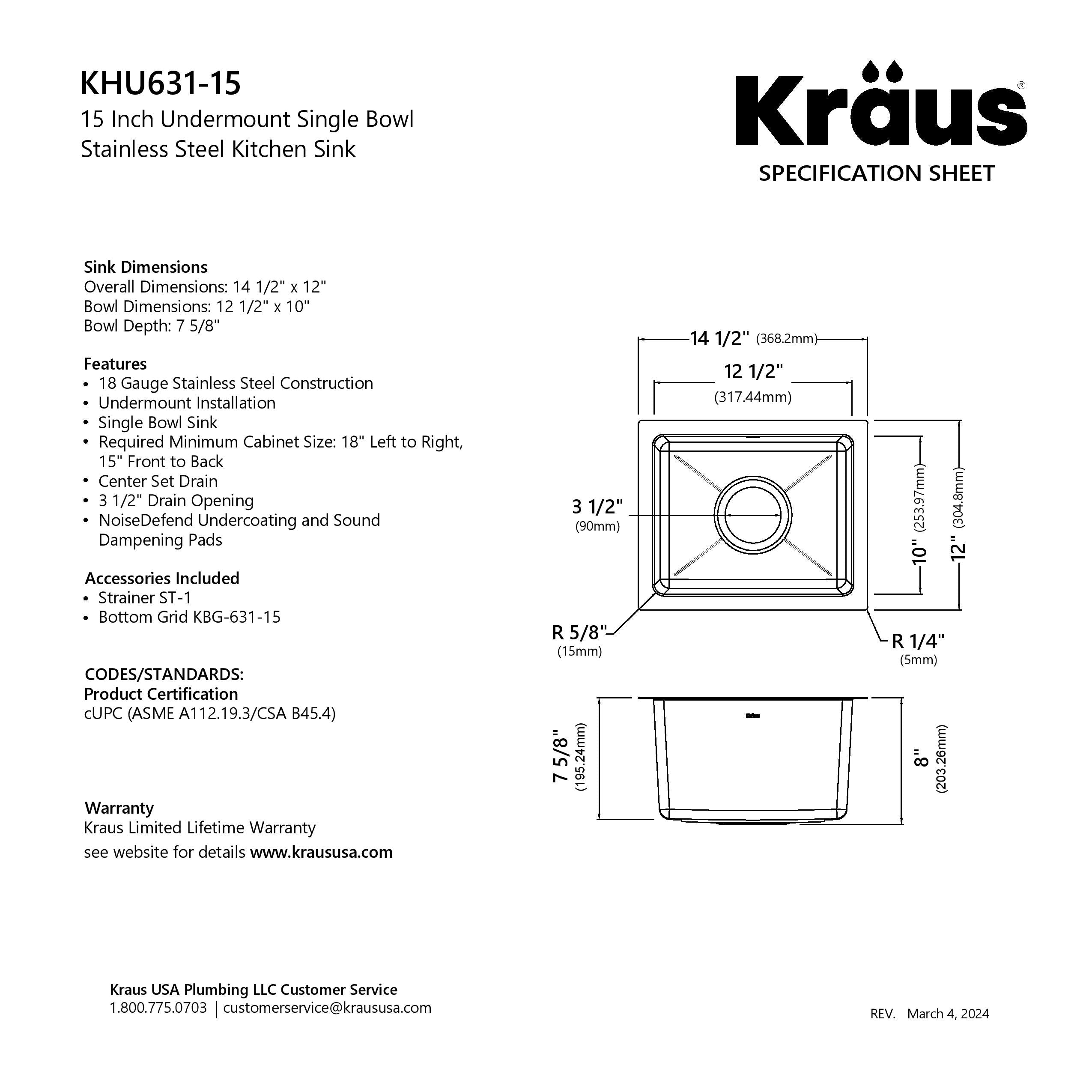 KRAUS 15” Undermount Single Bowl Stainless Steel Kitchen Bar Sink