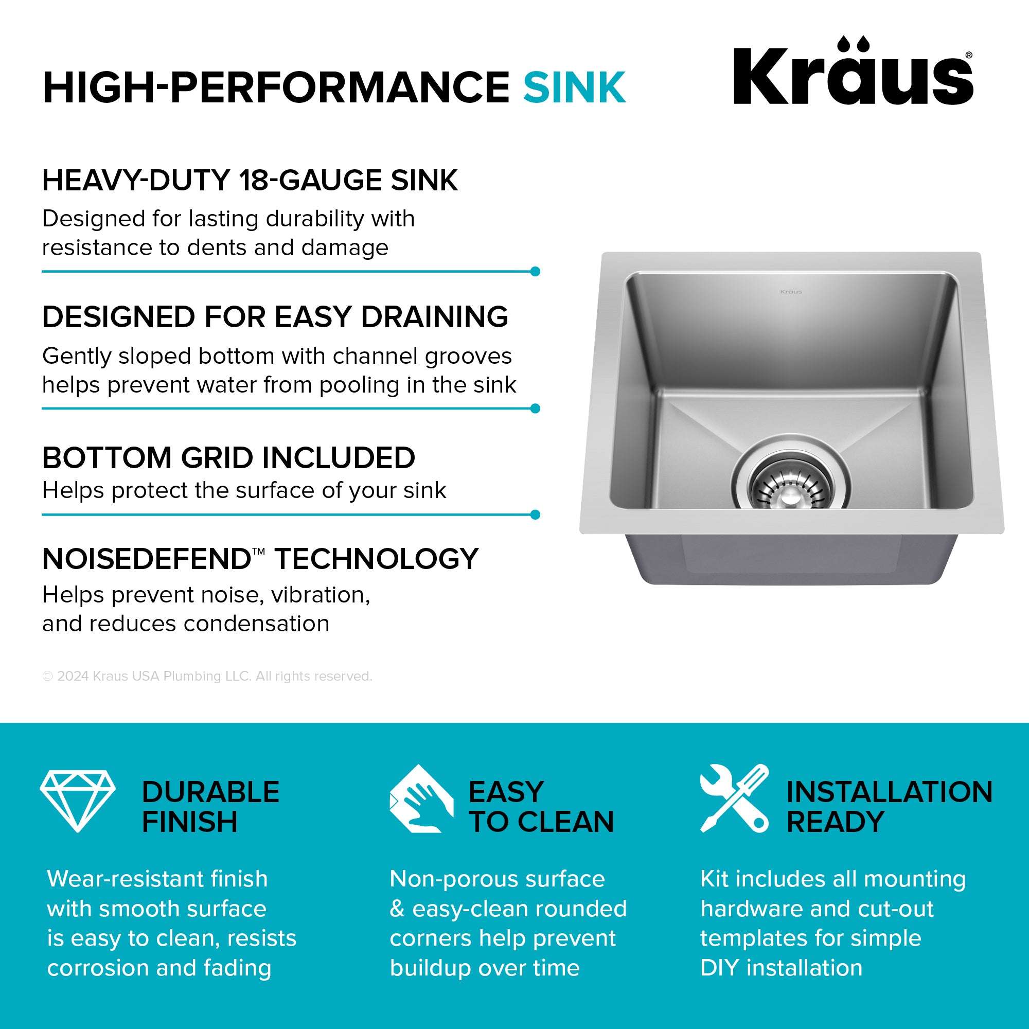 KRAUS 15” Undermount Single Bowl Stainless Steel Kitchen Bar Sink