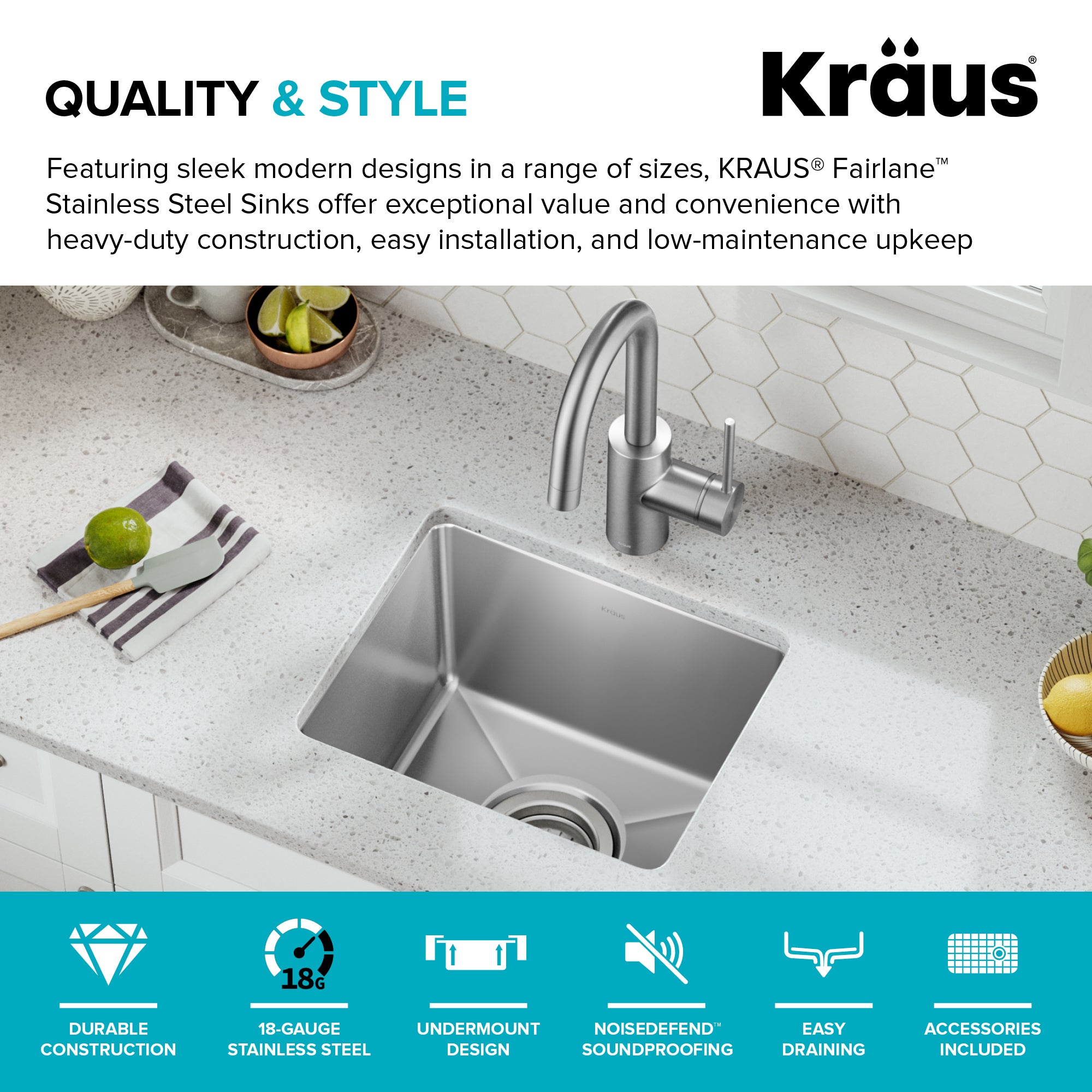 KRAUS 15” Undermount Single Bowl Stainless Steel Kitchen Bar Sink