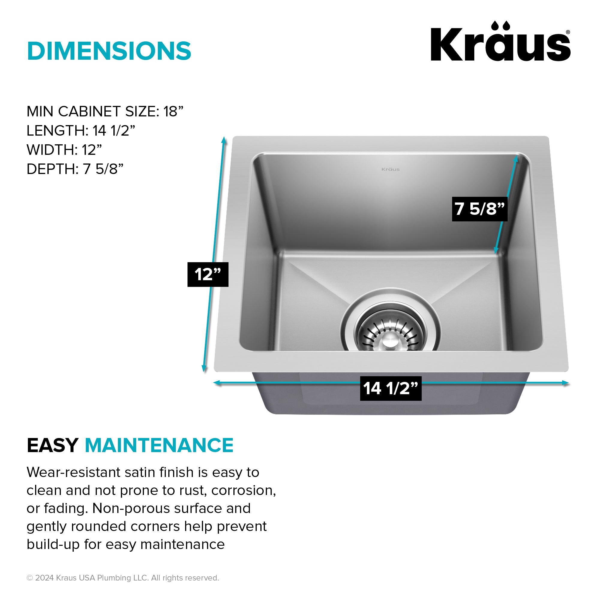 KRAUS 15” Undermount Single Bowl Stainless Steel Kitchen Bar Sink