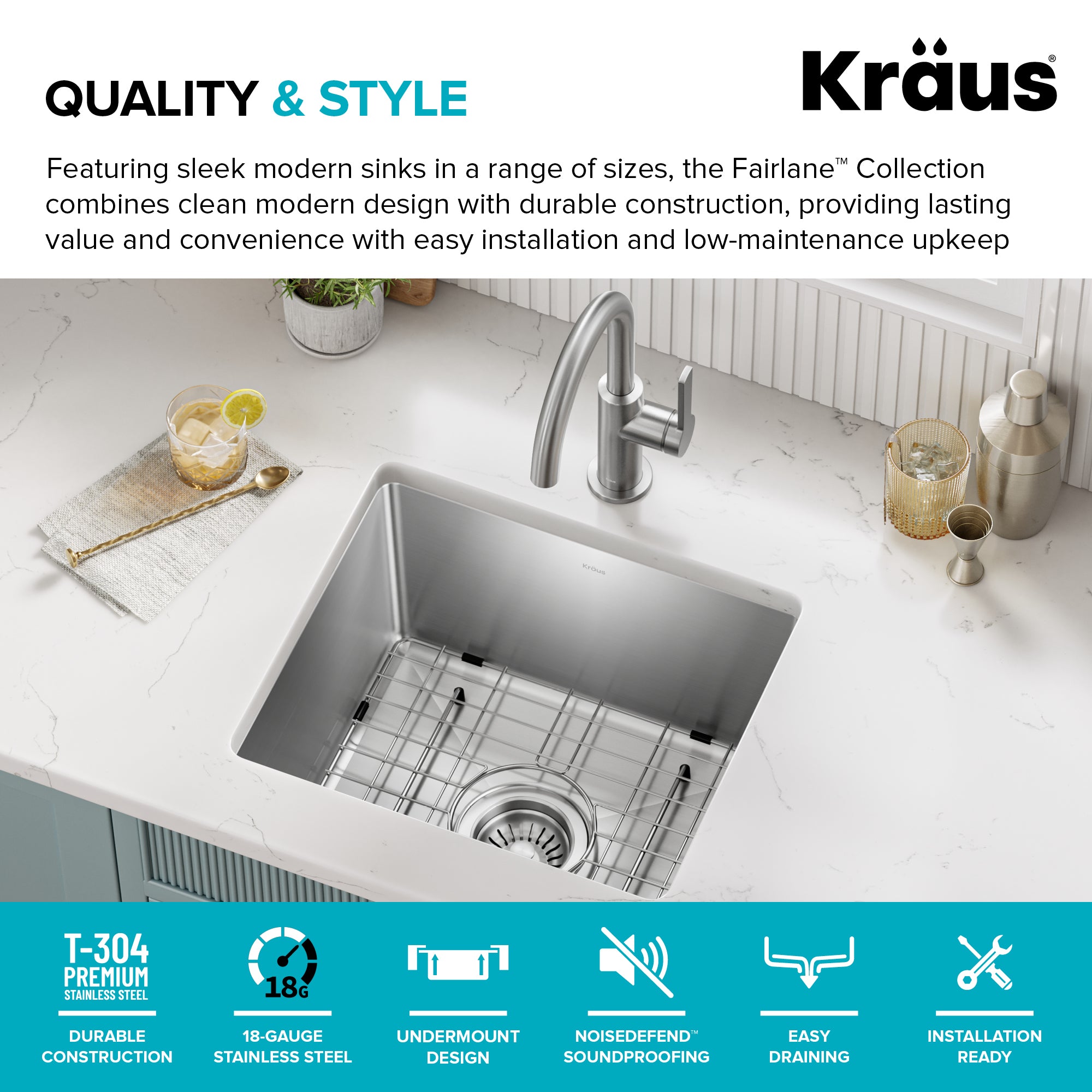 KRAUS Fairlane 17” Undermount Bar 18-Gauge Stainless Steel Kitchen Sink