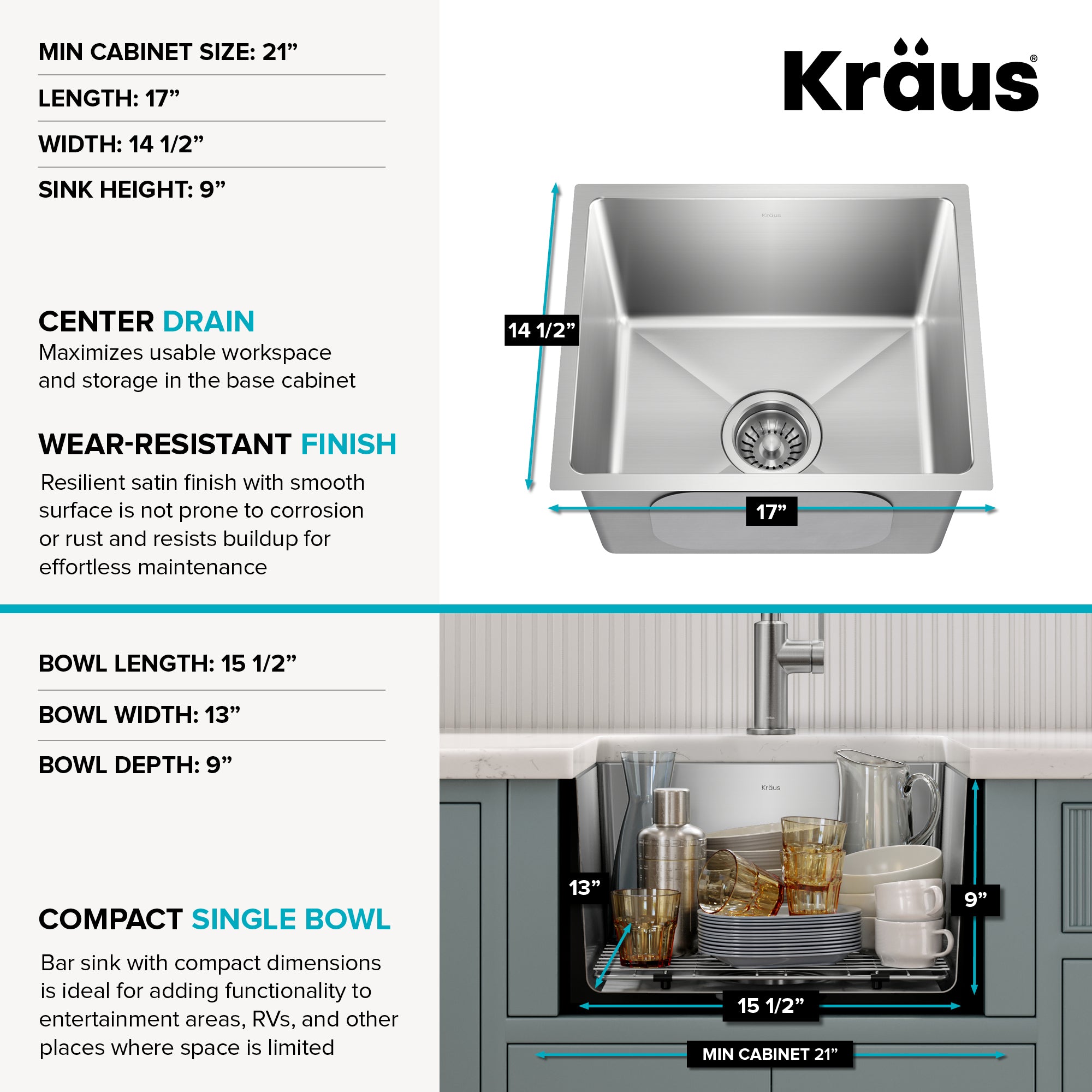 KRAUS Fairlane 17” Undermount Bar 18-Gauge Stainless Steel Kitchen Sink