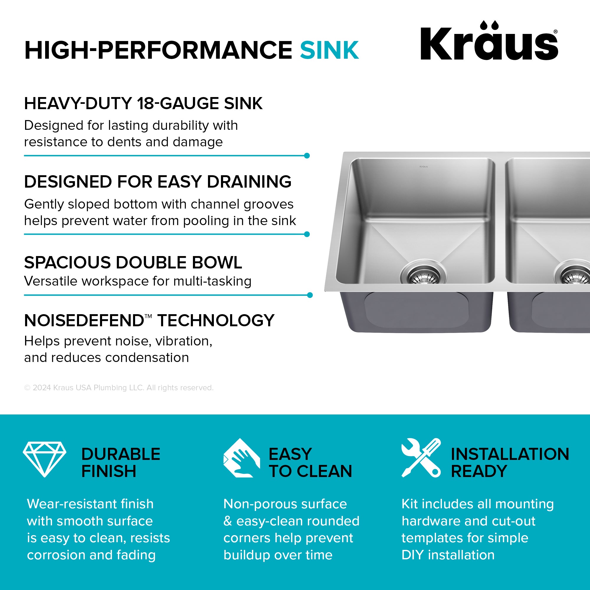 KRAUS 33” Undermount Double Bowl Stainless Steel Kitchen Sink