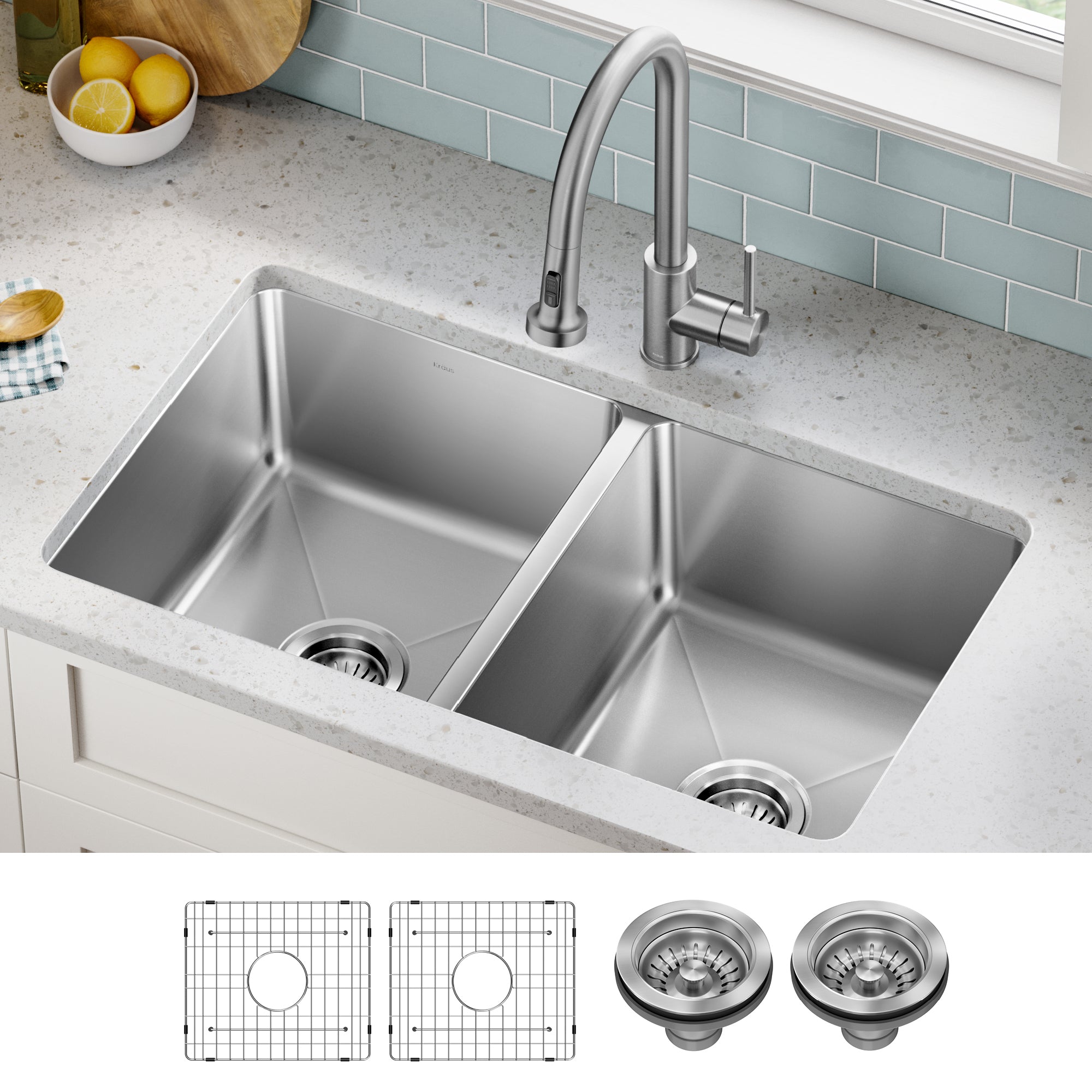 KRAUS 33” Undermount Double Bowl Stainless Steel Kitchen Sink