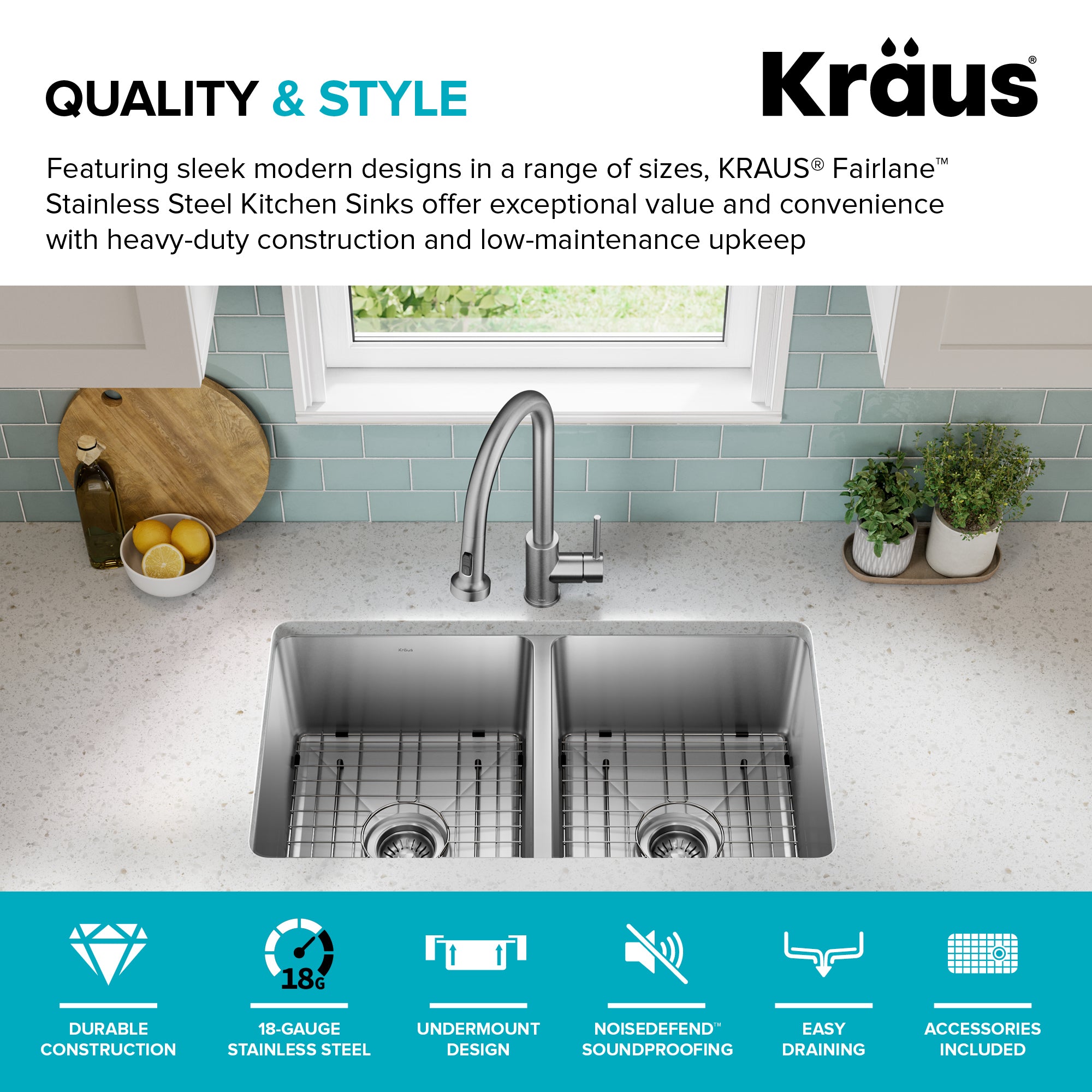 KRAUS 33” Undermount Double Bowl Stainless Steel Kitchen Sink