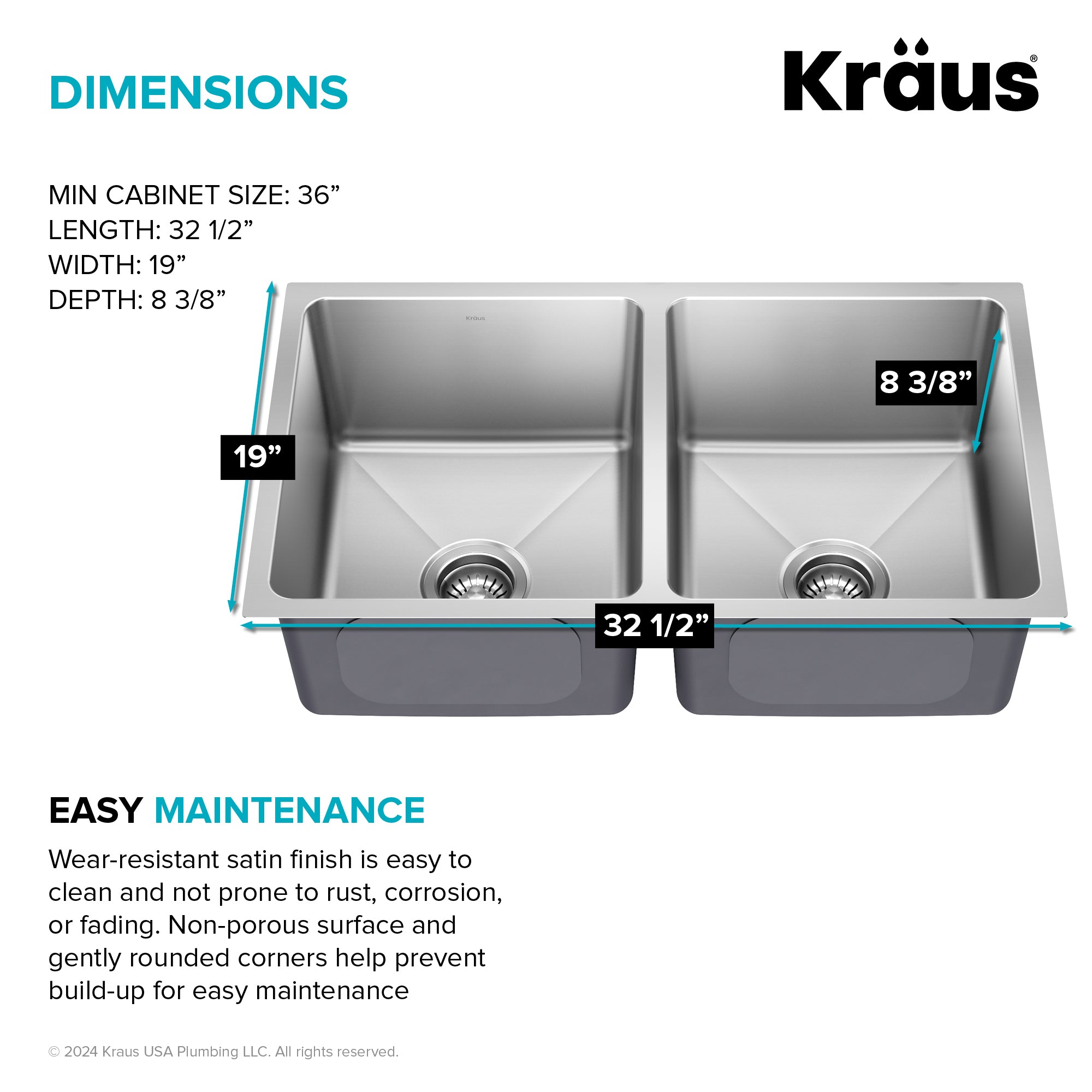 KRAUS 33” Undermount Double Bowl Stainless Steel Kitchen Sink