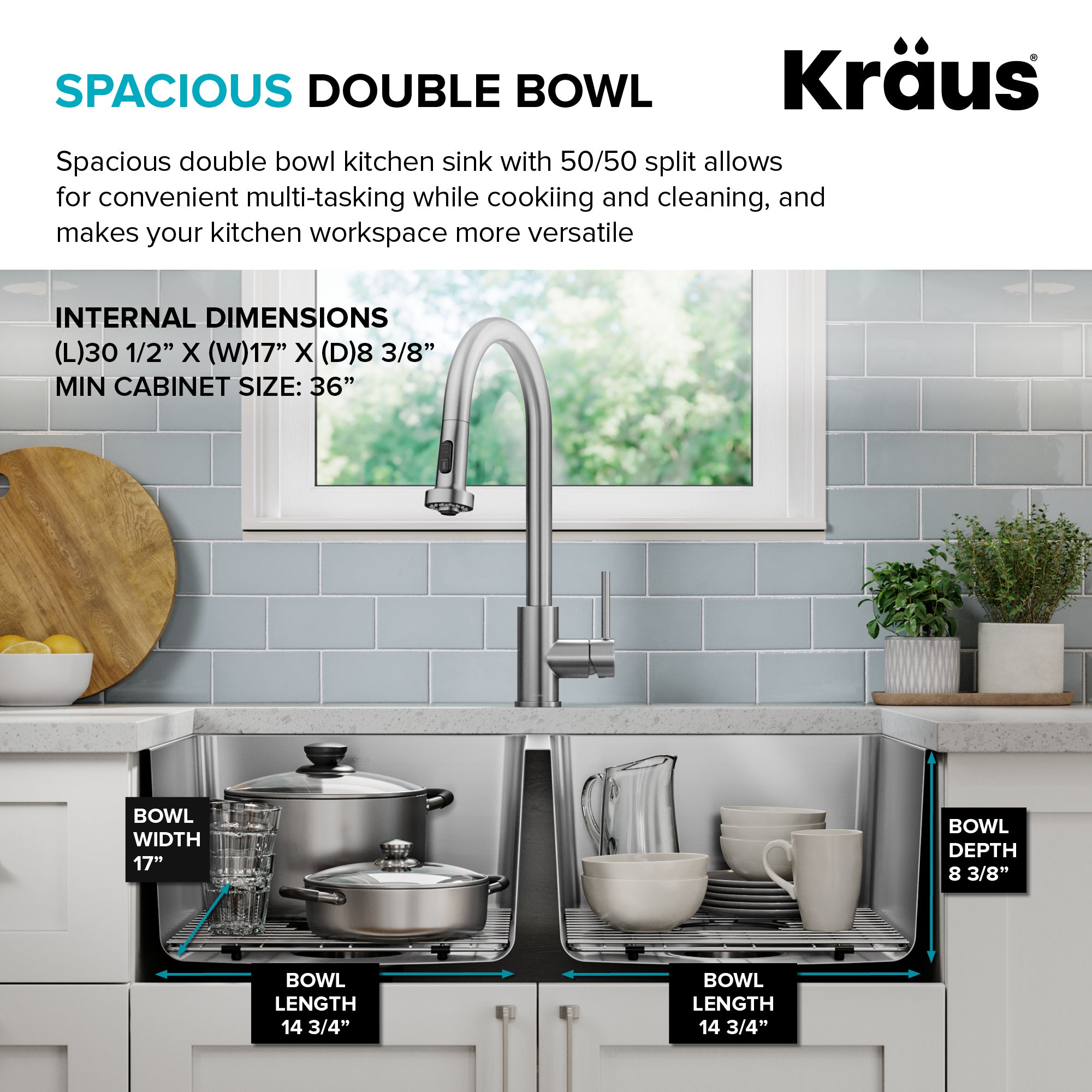 KRAUS 33” Undermount Double Bowl Stainless Steel Kitchen Sink