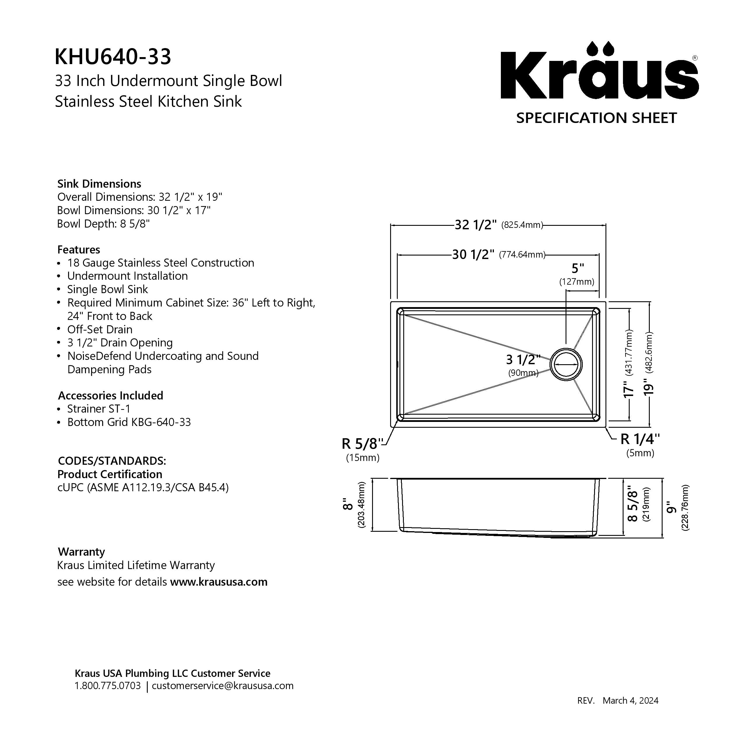 KRAUS 33” Undermount Single Bowl Stainless Steel Kitchen Sink