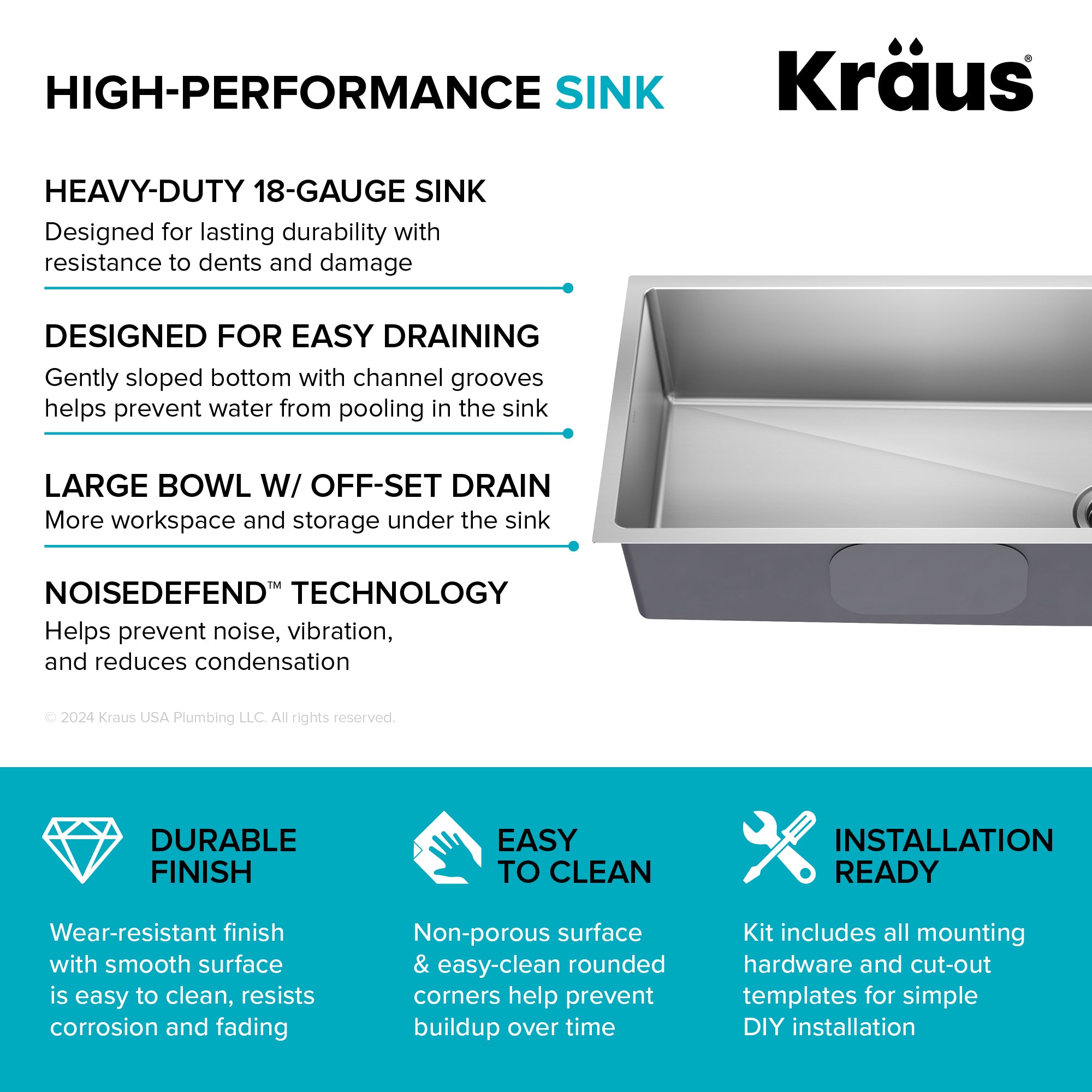 KRAUS 33” Undermount Single Bowl Stainless Steel Kitchen Sink