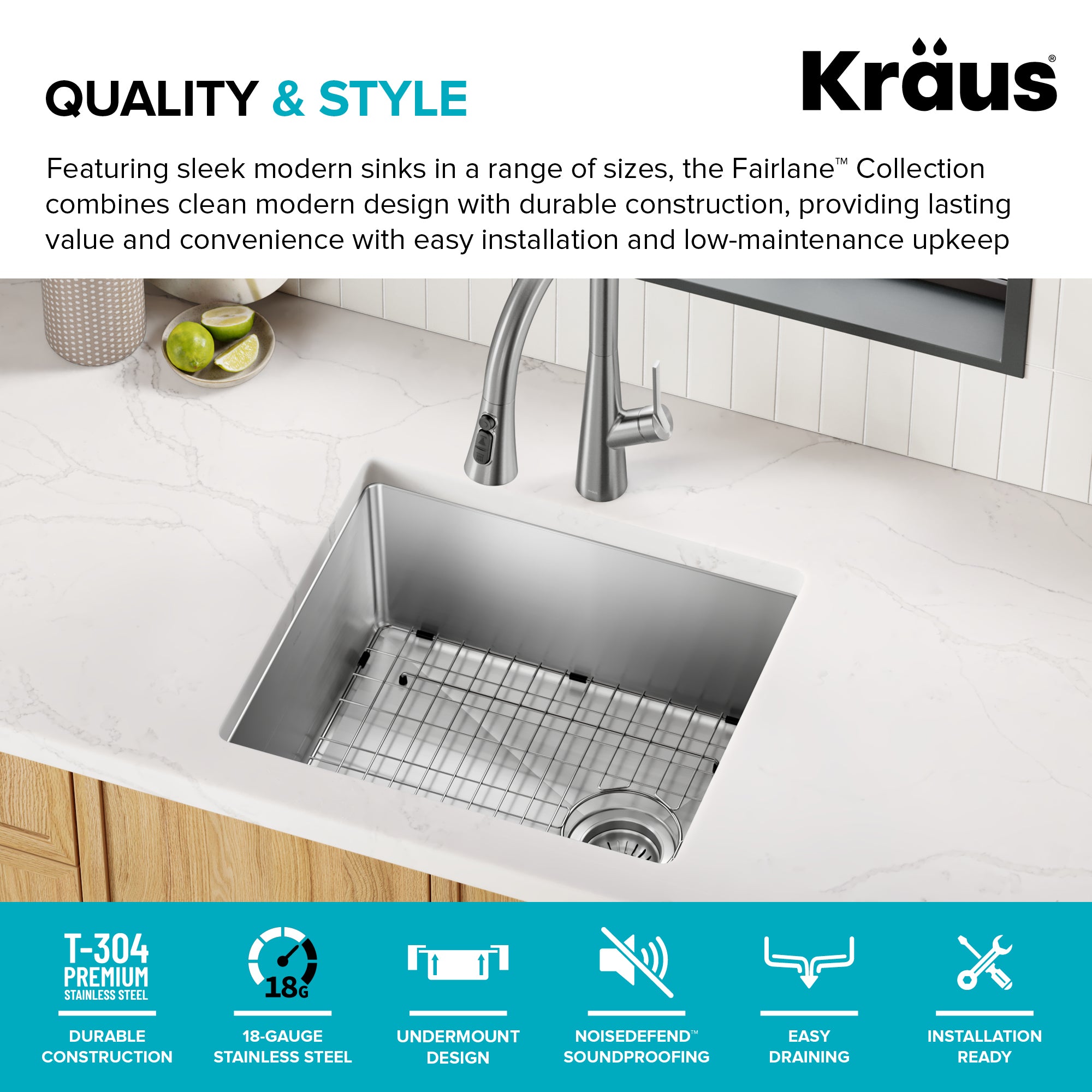KRAUS Fairlane 21” Undermount Single Bowl 18-Gauge Stainless Steel Kitchen Sink