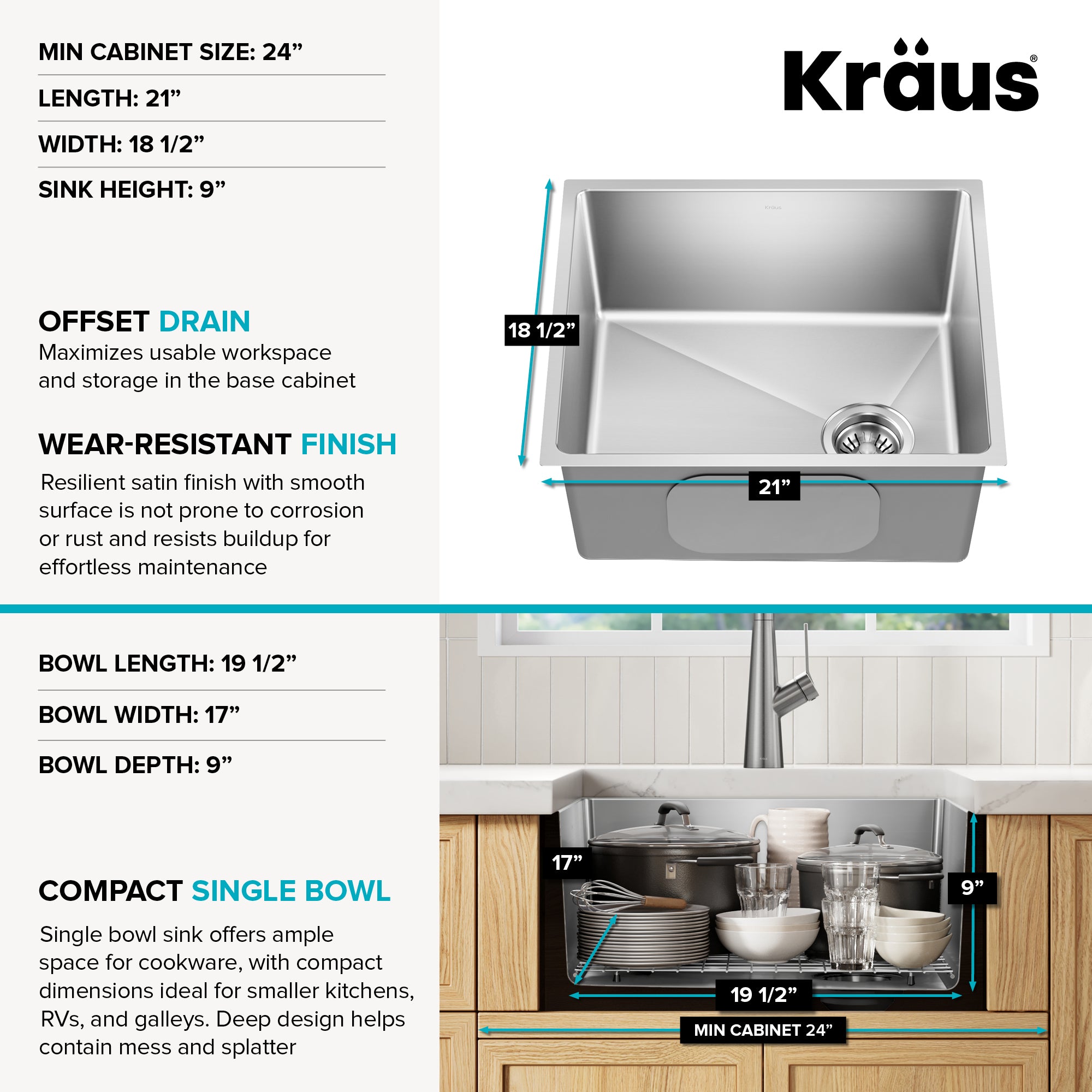 KRAUS Fairlane 21” Undermount Single Bowl 18-Gauge Stainless Steel Kitchen Sink