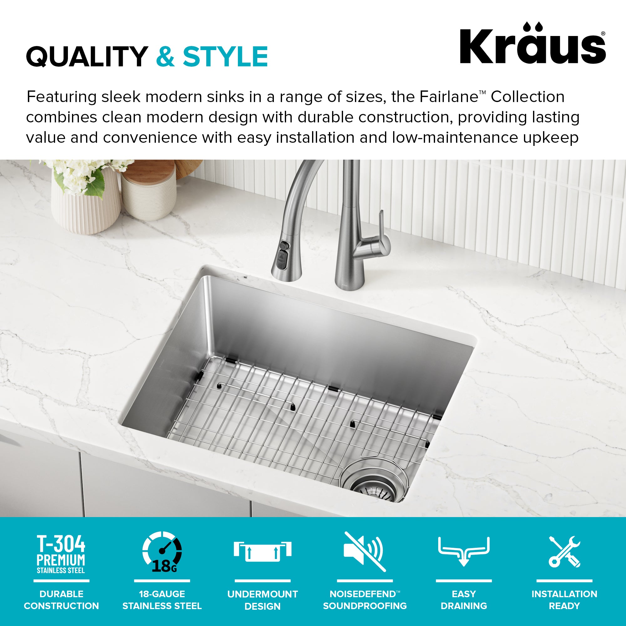 KRAUS Fairlane 23” Undermount Single Bowl 18-Gauge Stainless Steel Kitchen Sink