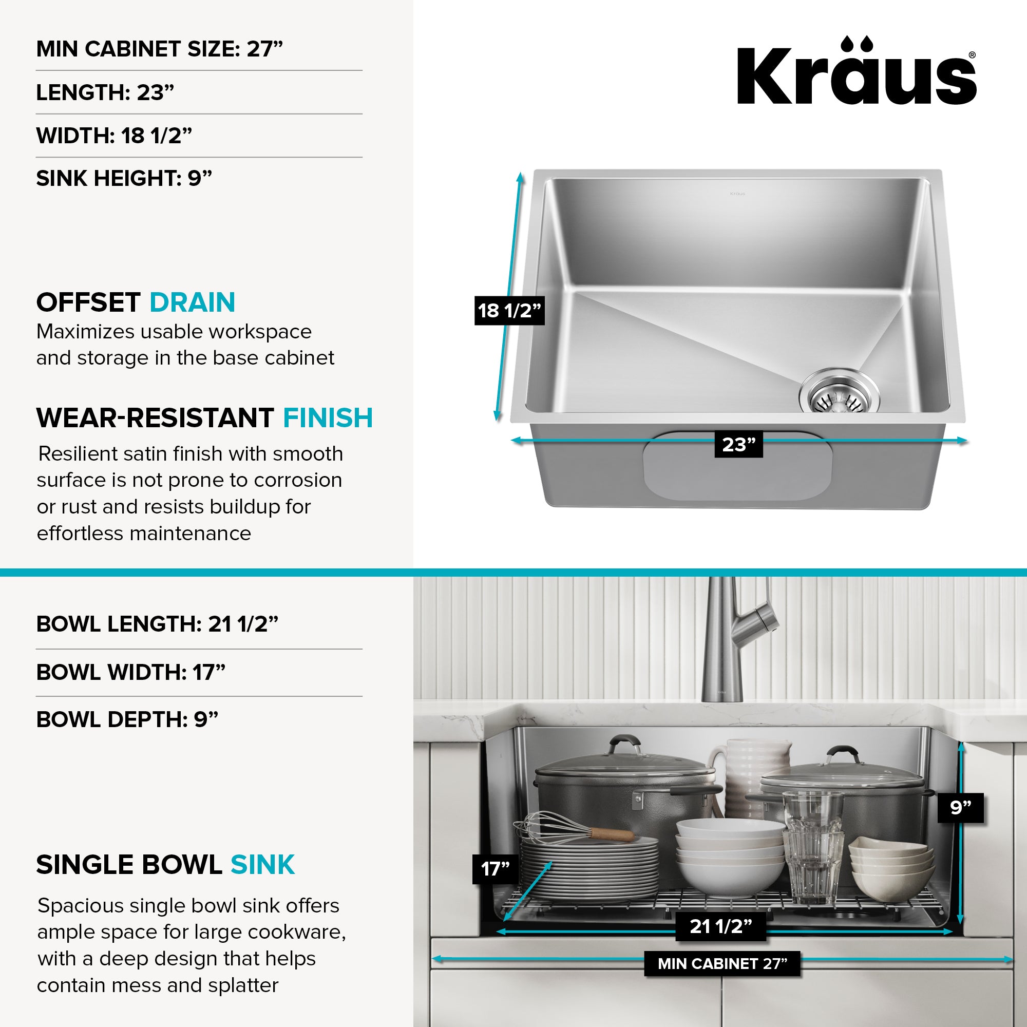 KRAUS Fairlane 23” Undermount Single Bowl 18-Gauge Stainless Steel Kitchen Sink