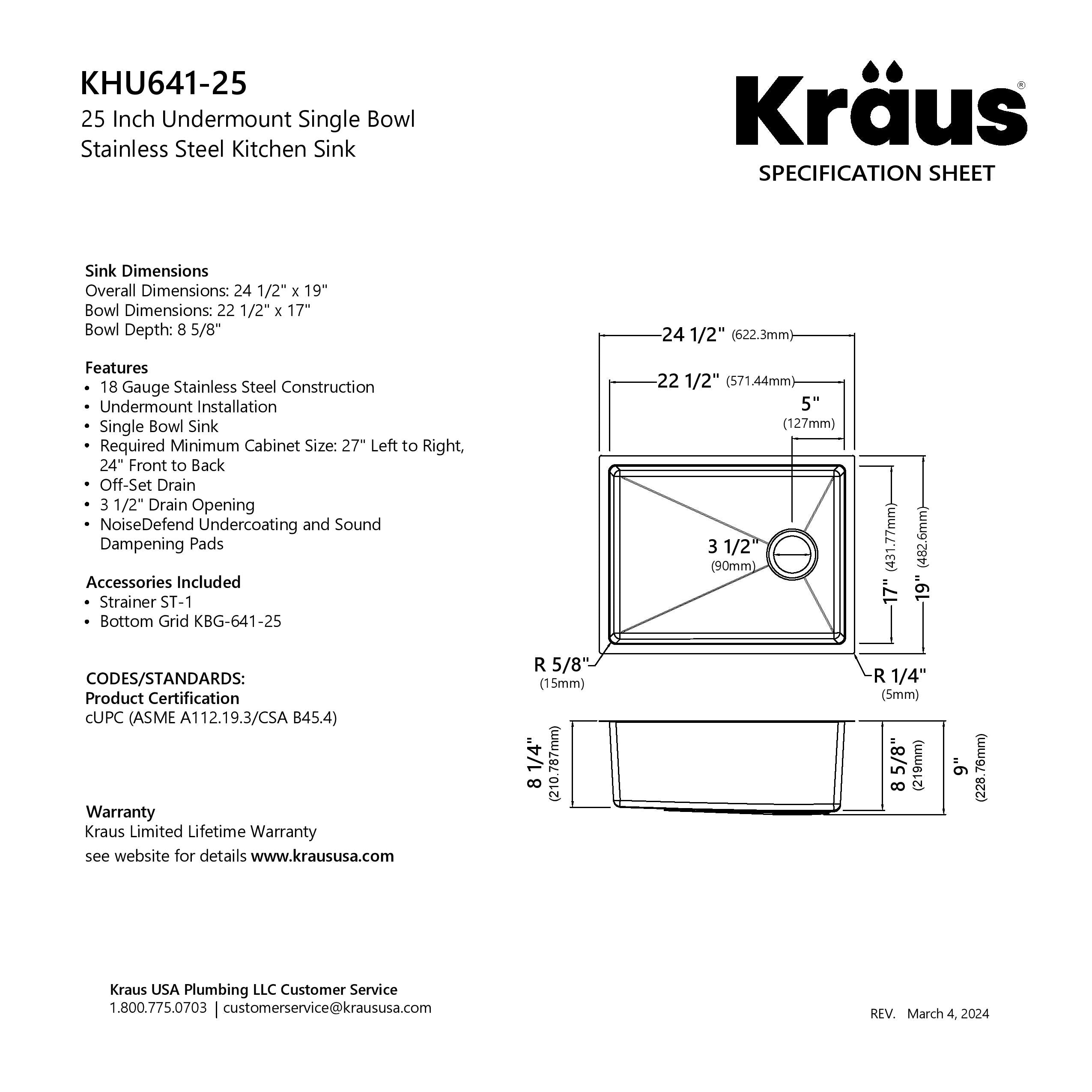 KRAUS 25” Undermount Single Bowl Side-Drain Stainless Kitchen Sink