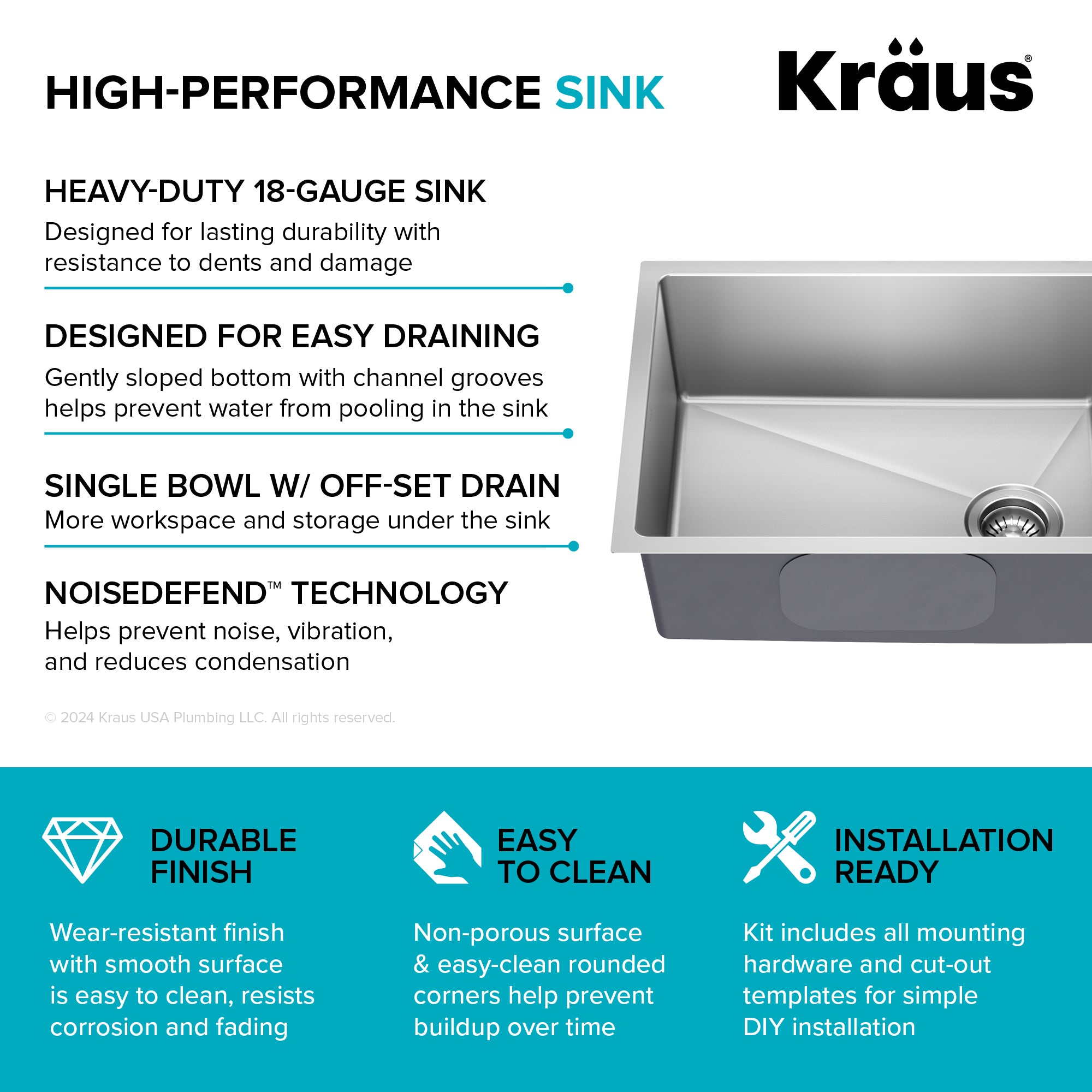 KRAUS 25” Undermount Single Bowl Side-Drain Stainless Kitchen Sink