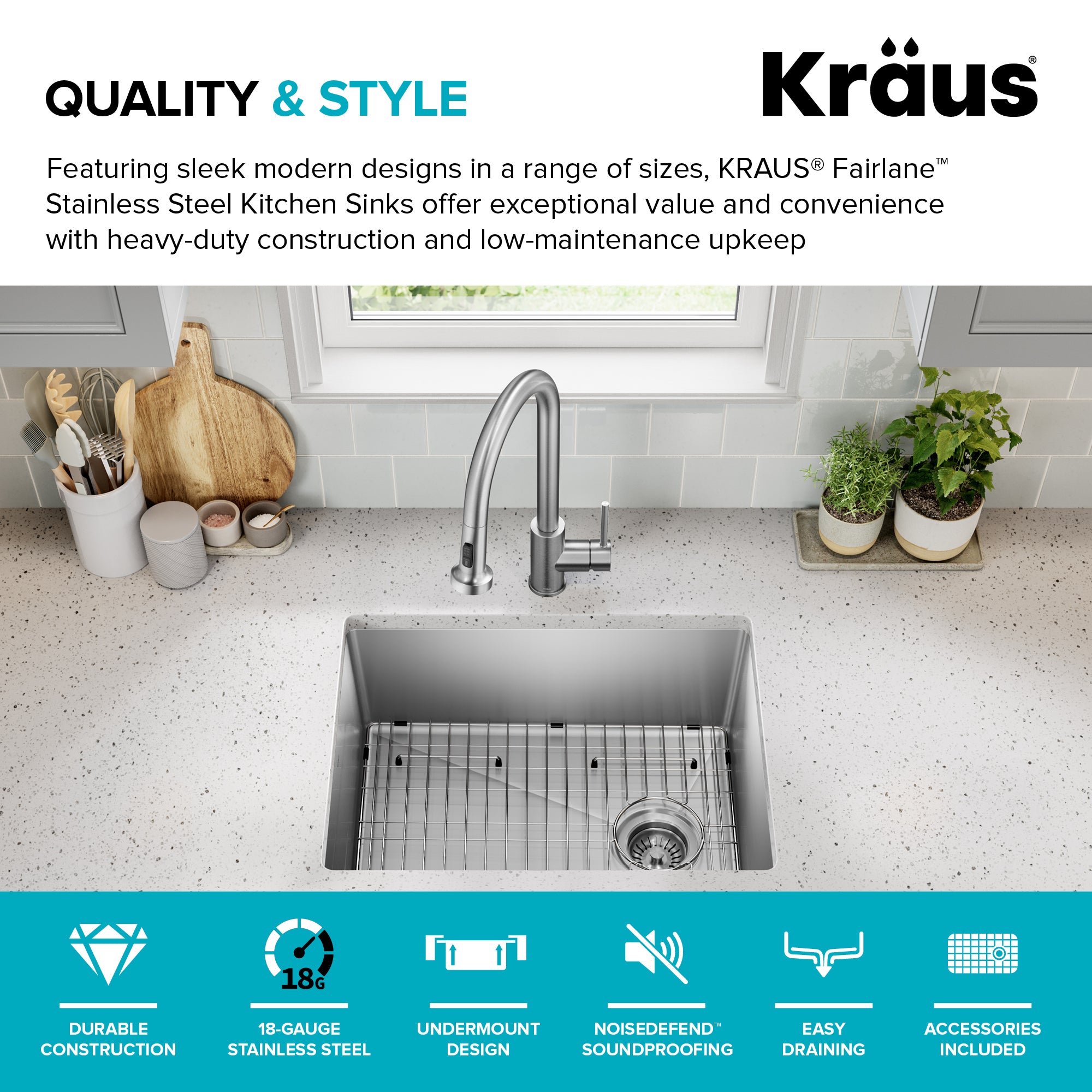 KRAUS 25” Undermount Single Bowl Side-Drain Stainless Kitchen Sink