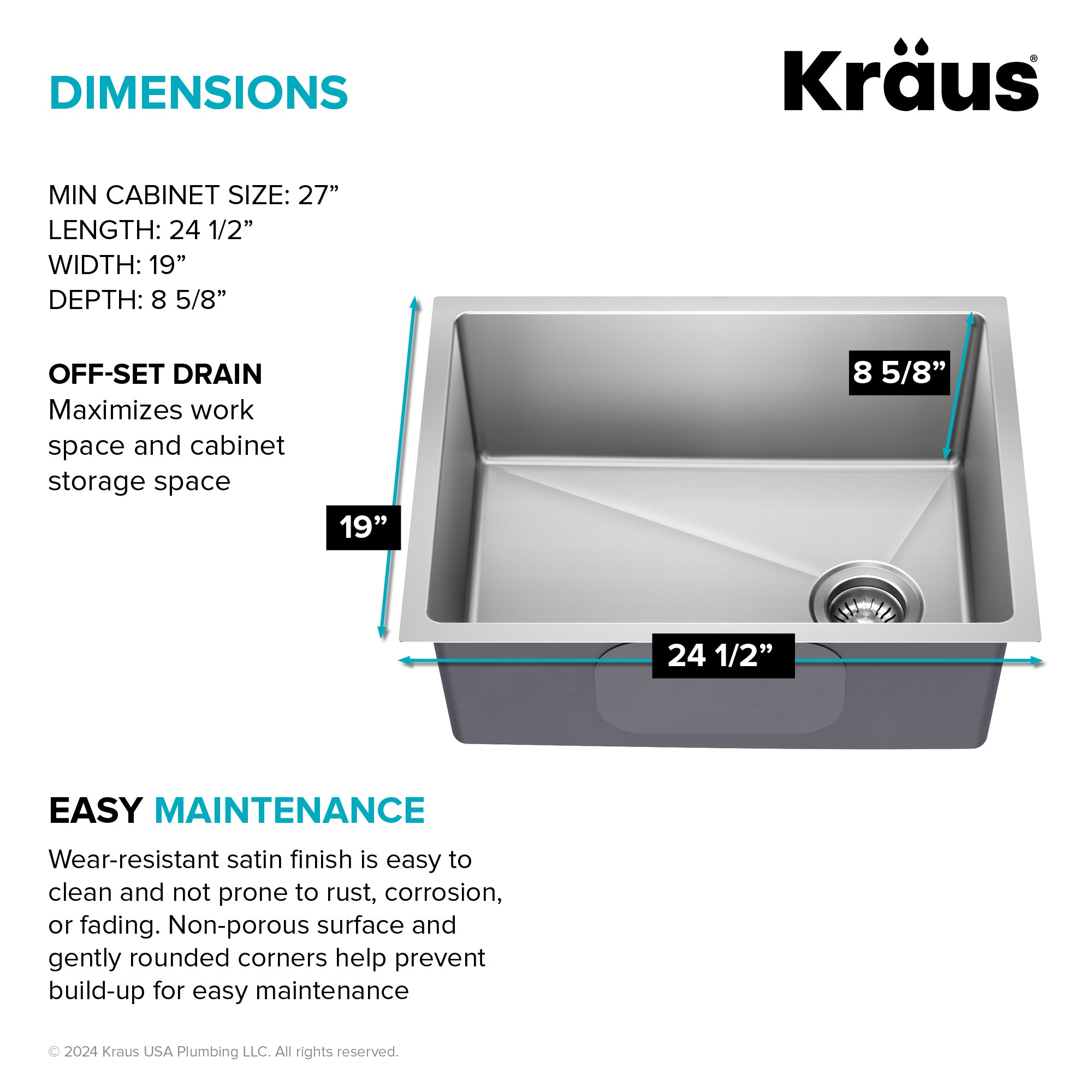 KRAUS 25” Undermount Single Bowl Side-Drain Stainless Kitchen Sink