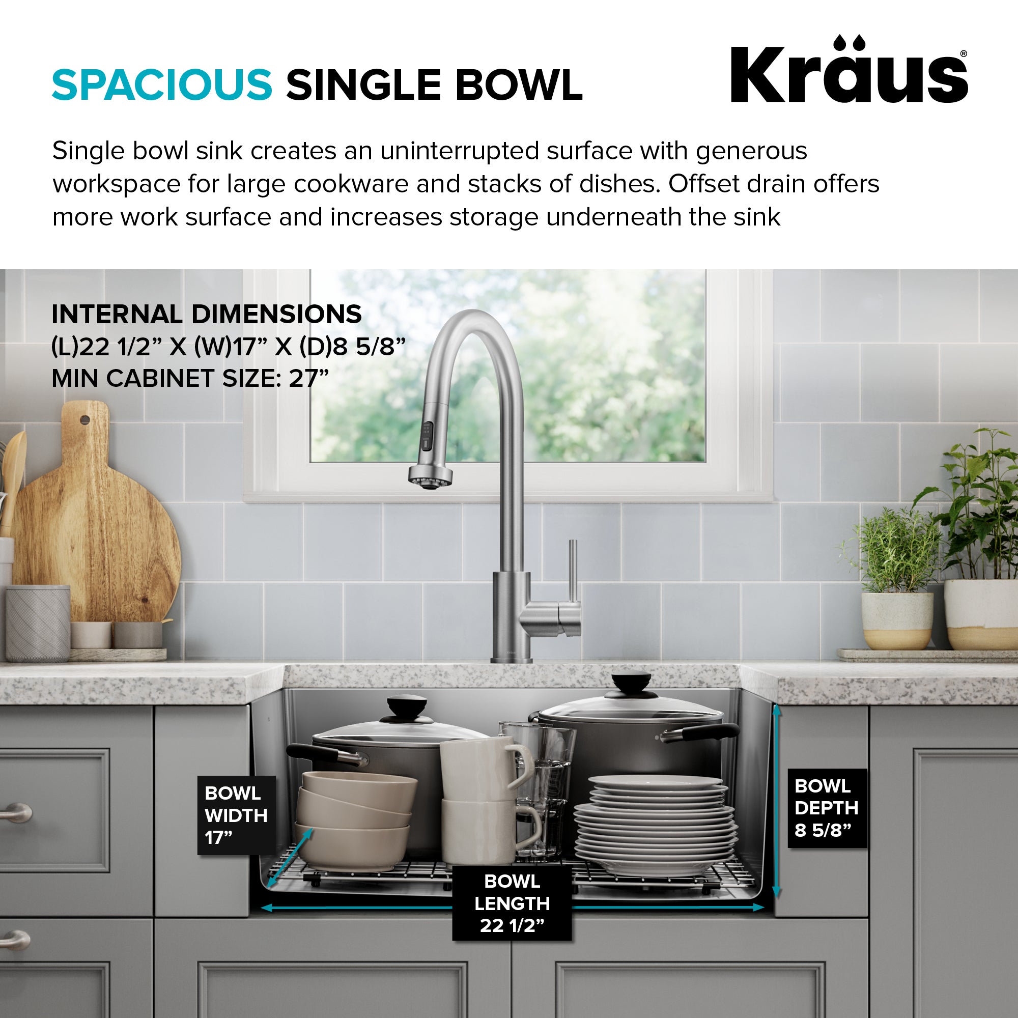 KRAUS 25” Undermount Single Bowl Side-Drain Stainless Kitchen Sink