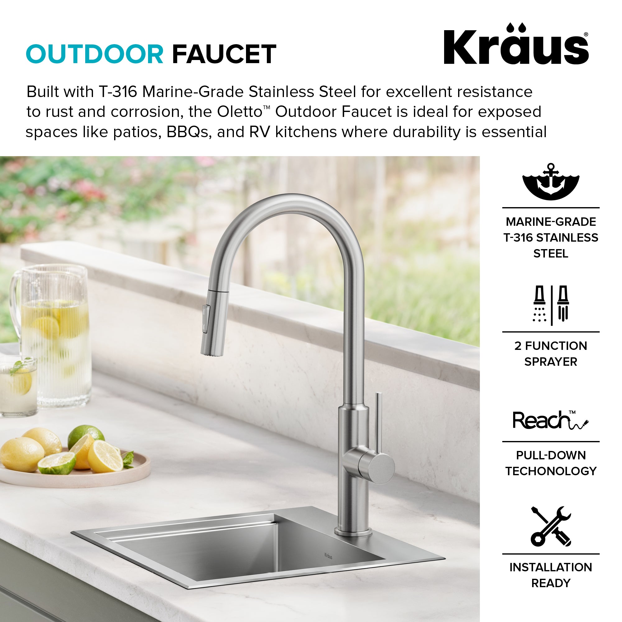 KRAUS Outdoor Marine Grade T-316 Stainless Steel Kitchen Faucet