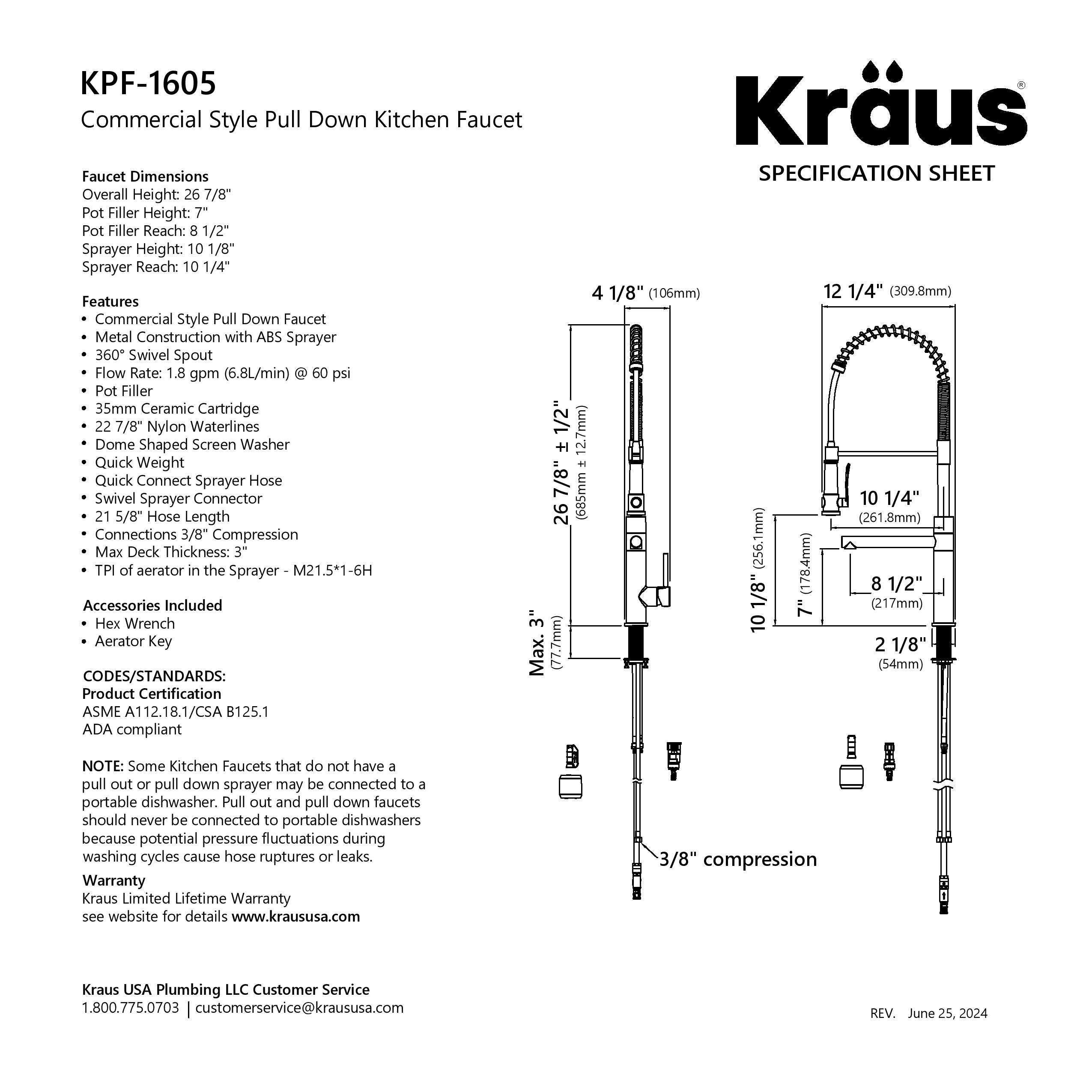 KRAUS Artec Pro 2-Function Single Handle Pull Down Kitchen Faucet in Spot-Free Stainless Steel & Matte Black-DirectSinks