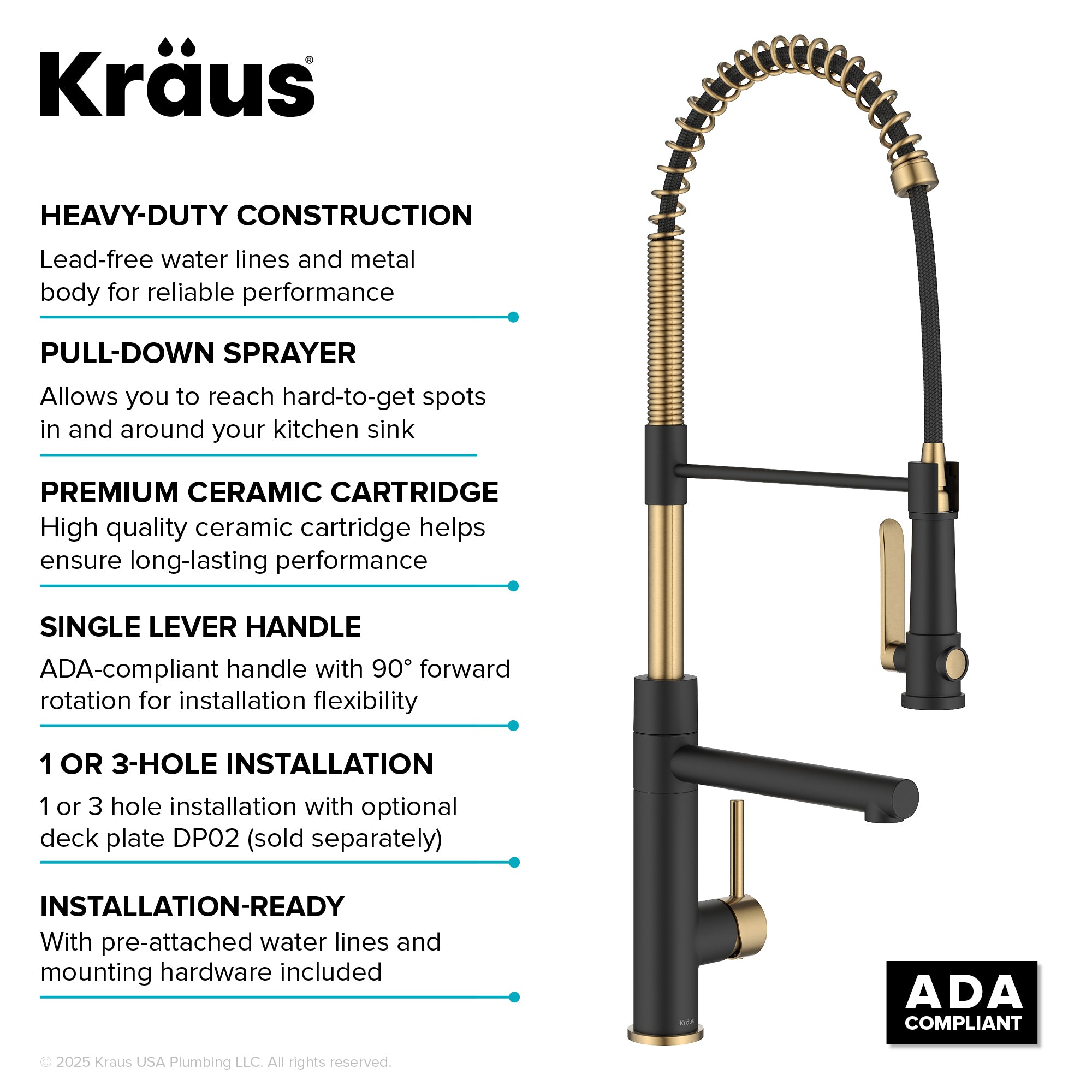 KRAUS Artec Pro 2-Function Single Handle Pull Down Kitchen Faucet in Brushed Brass & Matte Black-DirectSinks