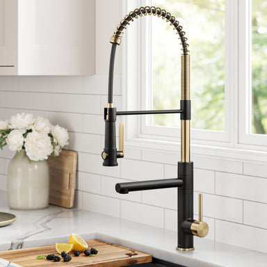 KRAUS Artec Pro 2-Function Single Handle Pull Down Kitchen Faucet in Brushed Brass & Matte Black-DirectSinks