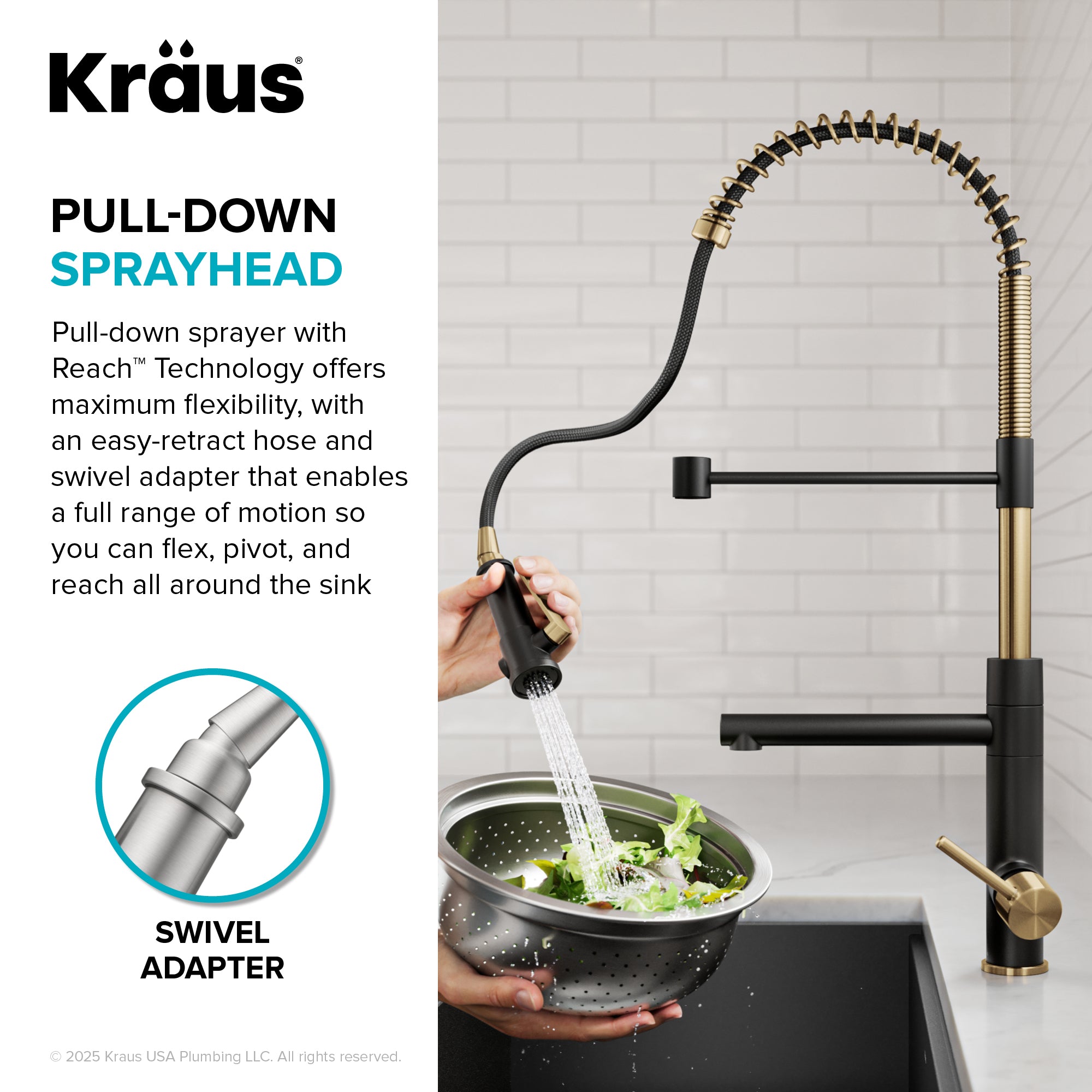 KRAUS Artec Pro 2-Function Single Handle Pull Down Kitchen Faucet in Brushed Brass & Matte Black-DirectSinks