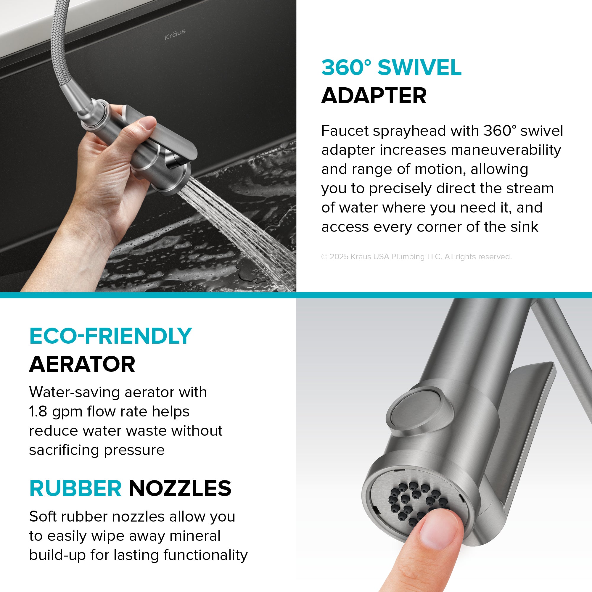 KRAUS Artec Pro 2-Function Single Handle Pull Down Kitchen Faucet in Spot-Free Stainless Steel & Matte Black-DirectSinks