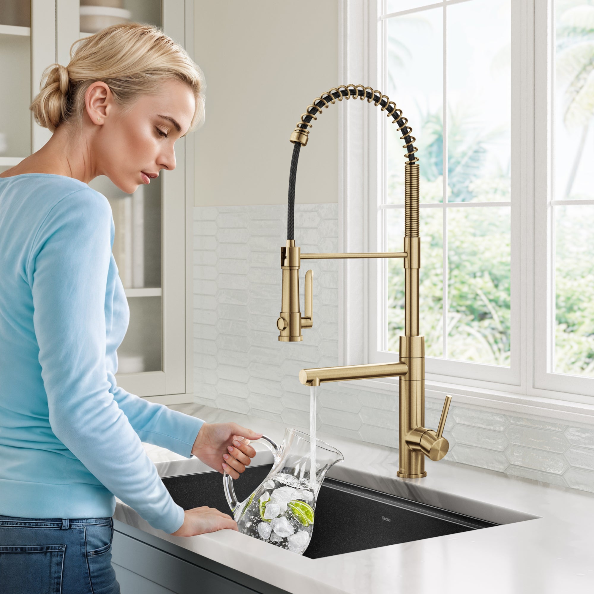 KRAUS Artec Pro 2-Function Single Handle Pull Down Kitchen Faucet in Brushed Brass-DirectSinks