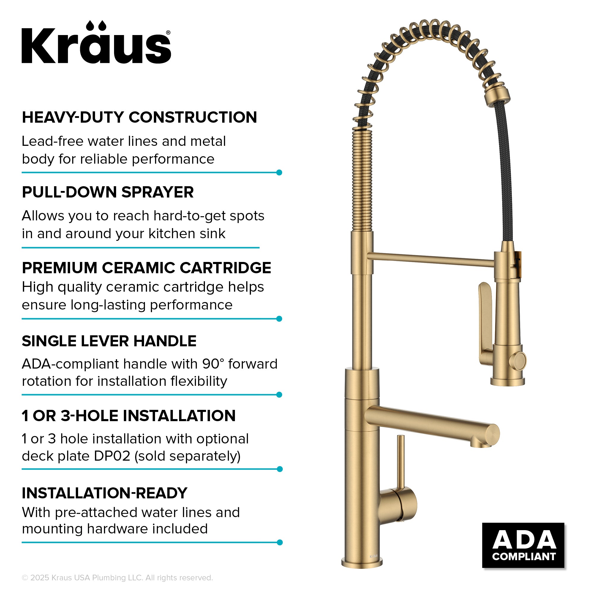 KRAUS Artec Pro 2-Function Single Handle Pull Down Kitchen Faucet in Brushed Brass-DirectSinks