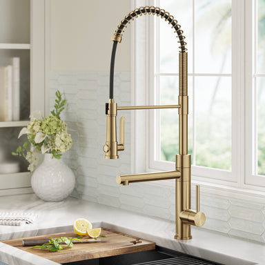 KRAUS Artec Pro 2-Function Single Handle Pull Down Kitchen Faucet in Brushed Brass-DirectSinks
