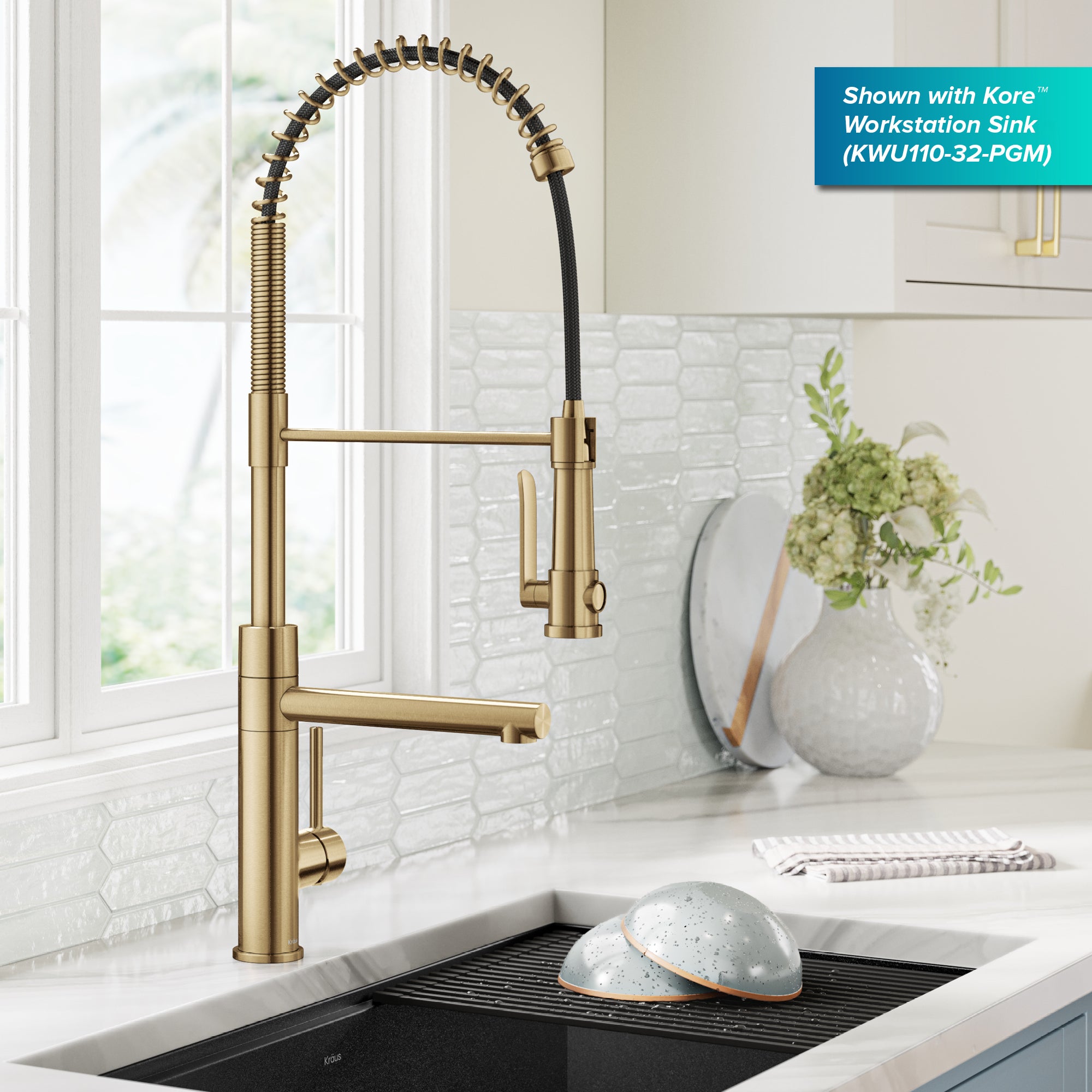 KRAUS Artec Pro 2-Function Single Handle Pull Down Kitchen Faucet in Brushed Brass-DirectSinks