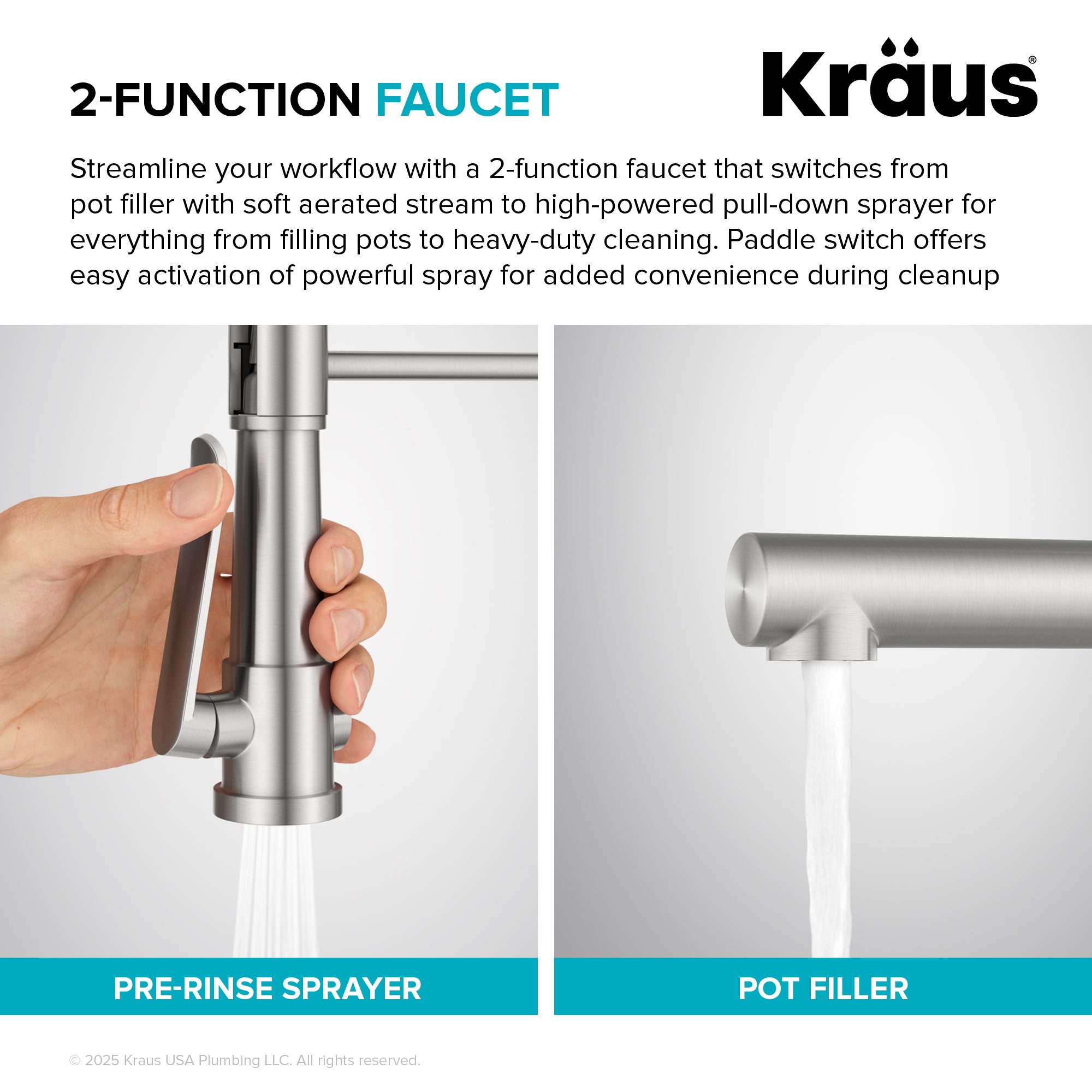KRAUS Artec Pro 2-Function Single Handle Pull Down Kitchen Faucet in Spot-Free Stainless Steel & Matte Black-DirectSinks