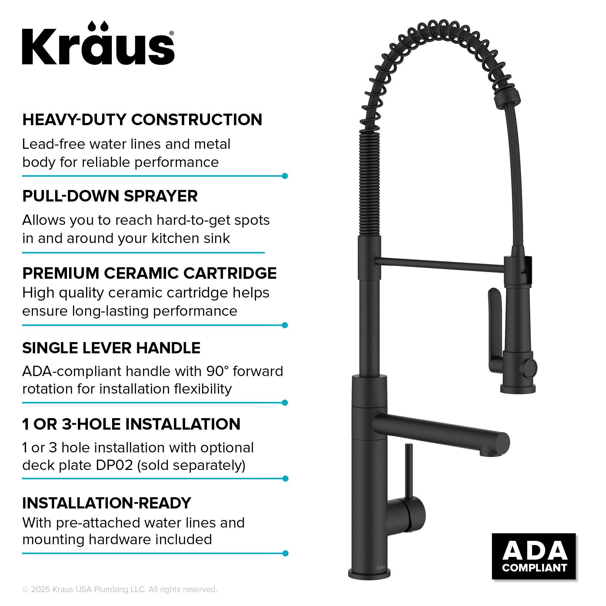 KRAUS Artec Pro 2-Function Single Handle Pull Down Kitchen Faucet in Matte Black-DirectSinks