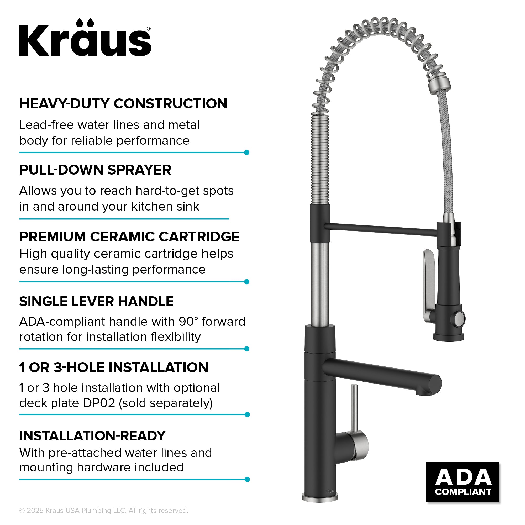 KRAUS Artec Pro 2-Function Single Handle Pull Down Kitchen Faucet in Spot-Free Stainless Steel & Matte Black-DirectSinks