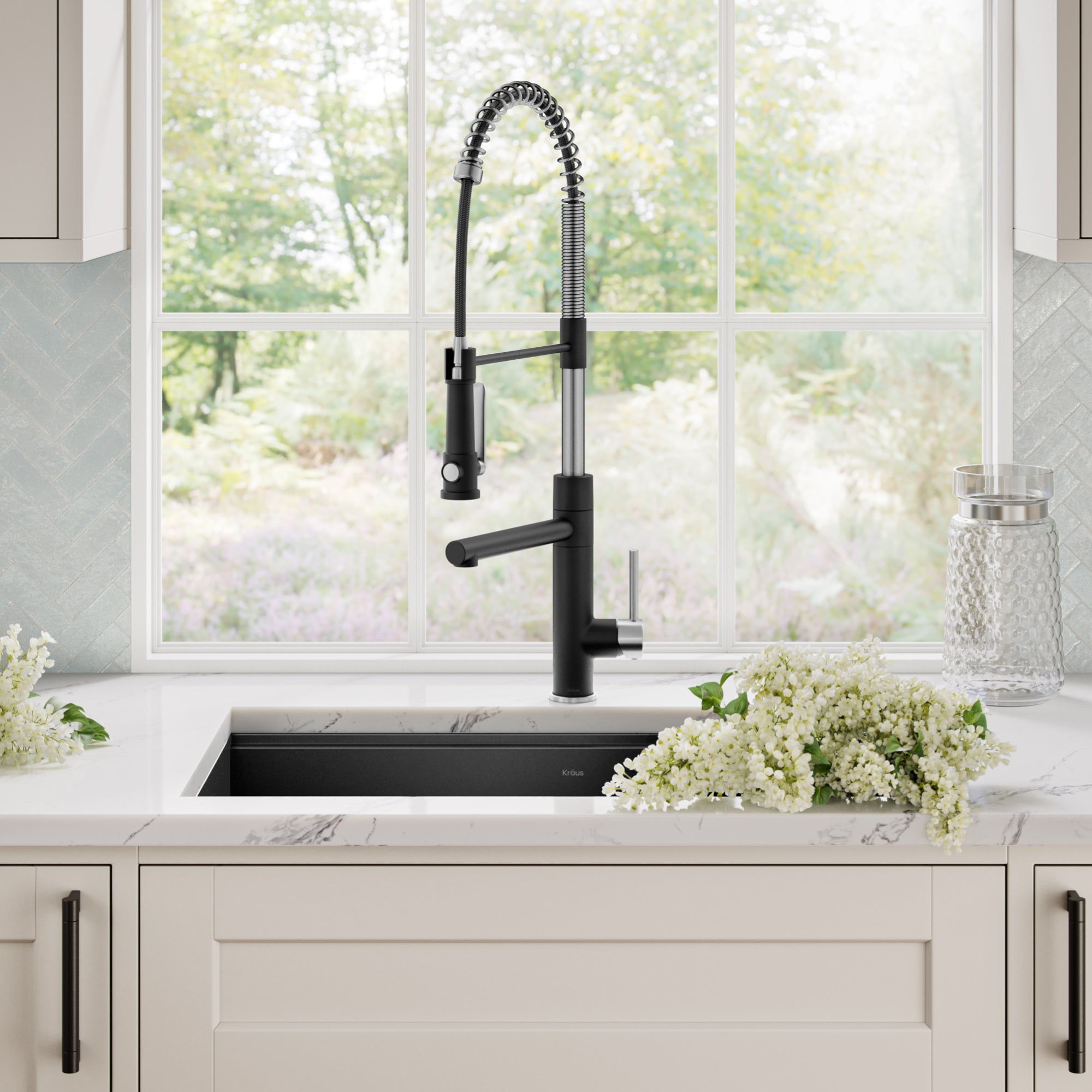 KRAUS Artec Pro 2-Function Single Handle Pull Down Kitchen Faucet in Spot-Free Stainless Steel & Matte Black-DirectSinks