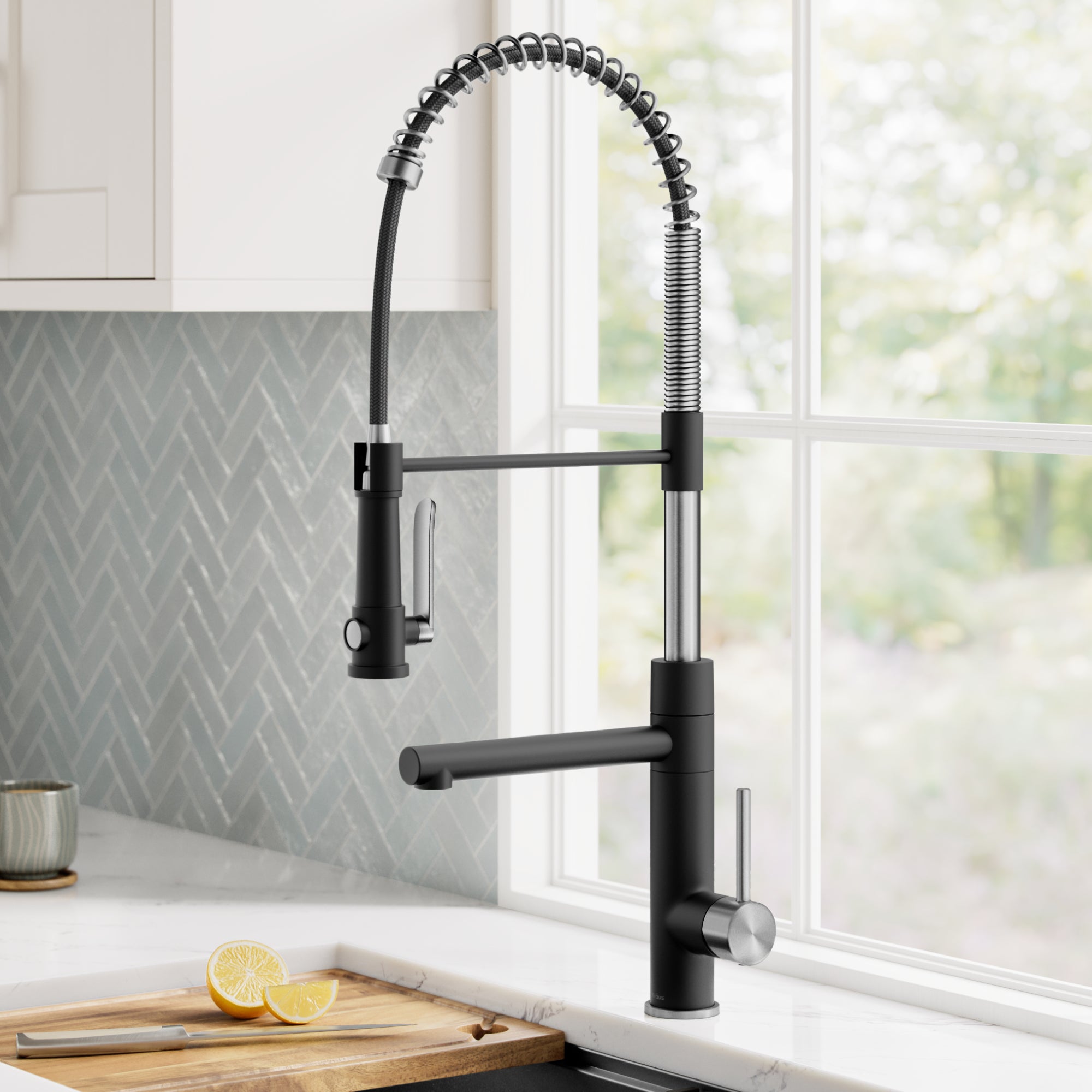 KRAUS Artec Pro 2-Function Single Handle Pull Down Kitchen Faucet in Spot-Free Stainless Steel & Matte Black-DirectSinks
