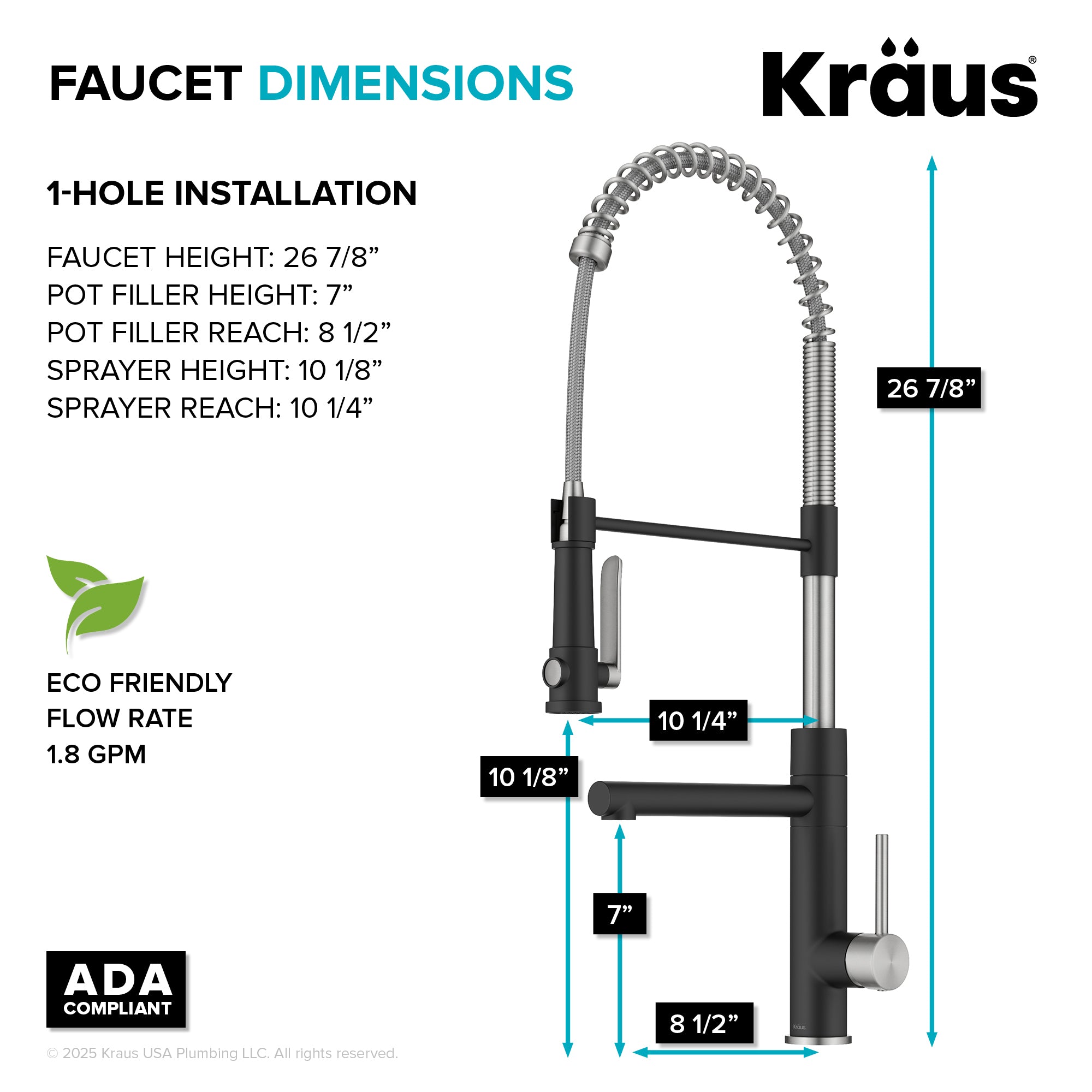 KRAUS Artec Pro 2-Function Single Handle Pull Down Kitchen Faucet in Spot-Free Stainless Steel & Matte Black-DirectSinks