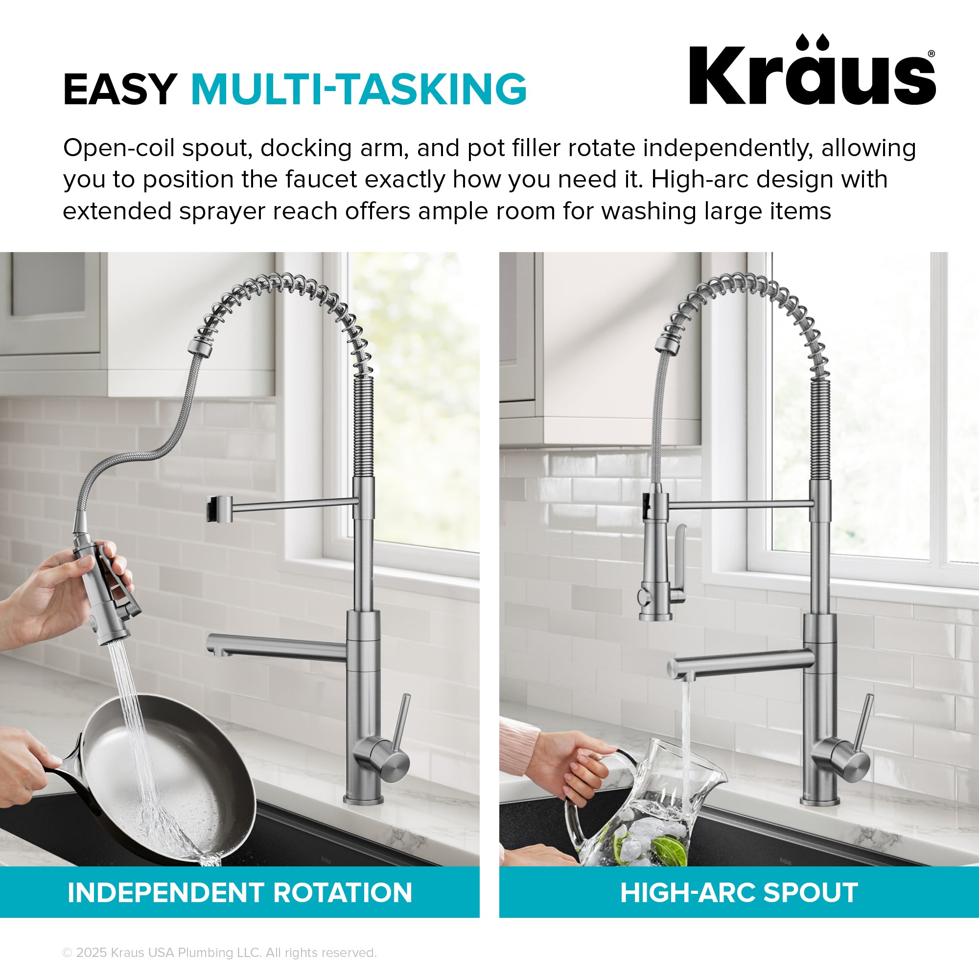 KRAUS Artec Pro 2-Function Single Handle Pull Down Kitchen Faucet in Spot-Free Stainless Steel & Matte Black-DirectSinks