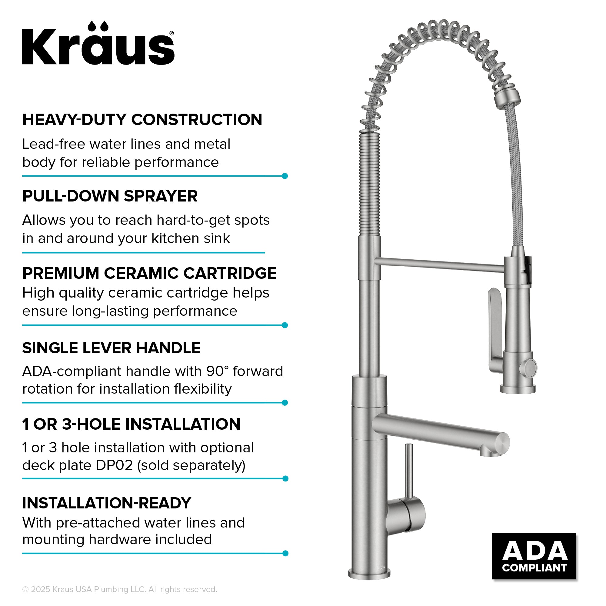 KRAUS Artec Pro 2-Function Single Handle Pull Down Kitchen Faucet in Spot-Free Stainless Steel-DirectSinks