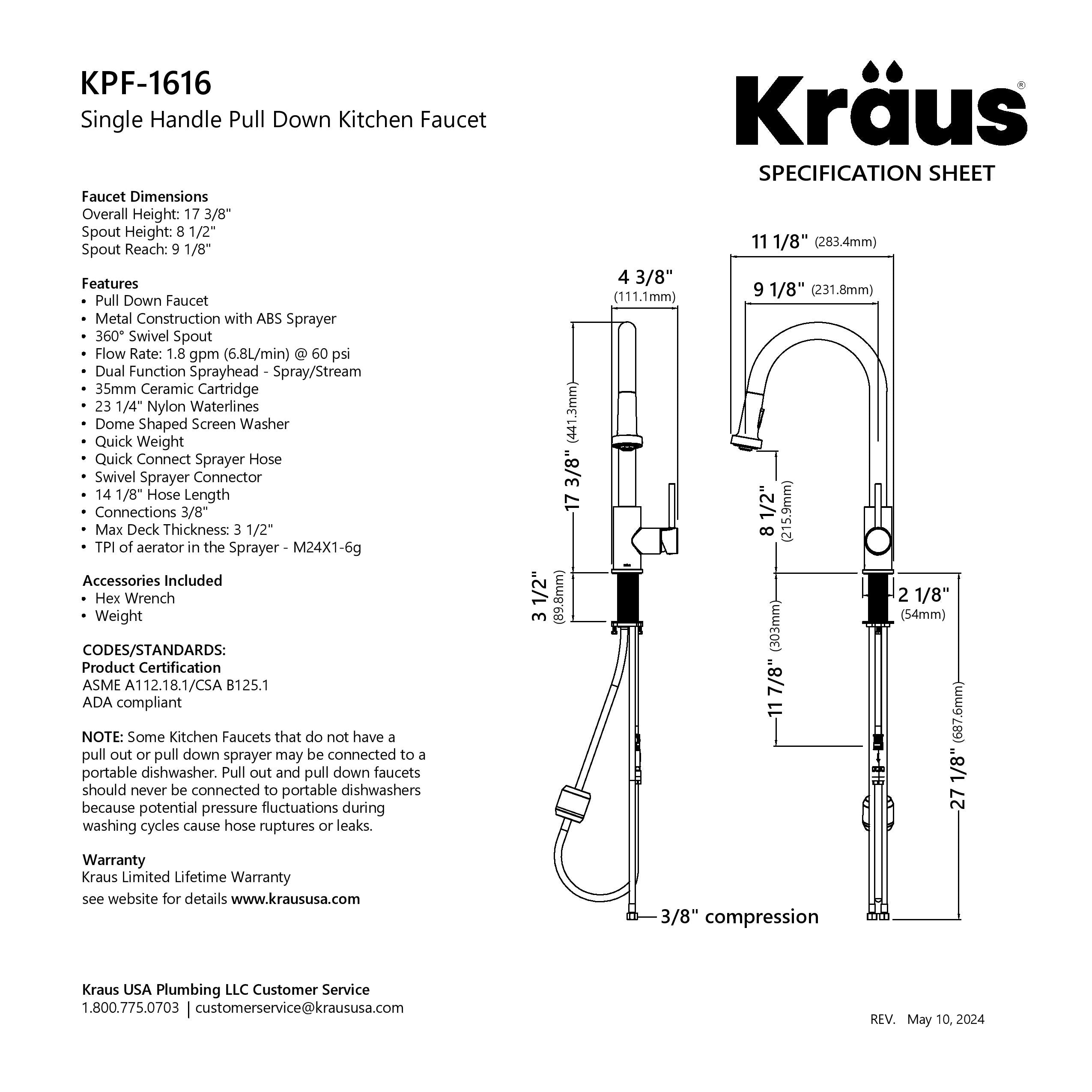 KRAUS 2-Function Single Handle Pull Down Kitchen Faucet in Spot-Free Brushed Brass