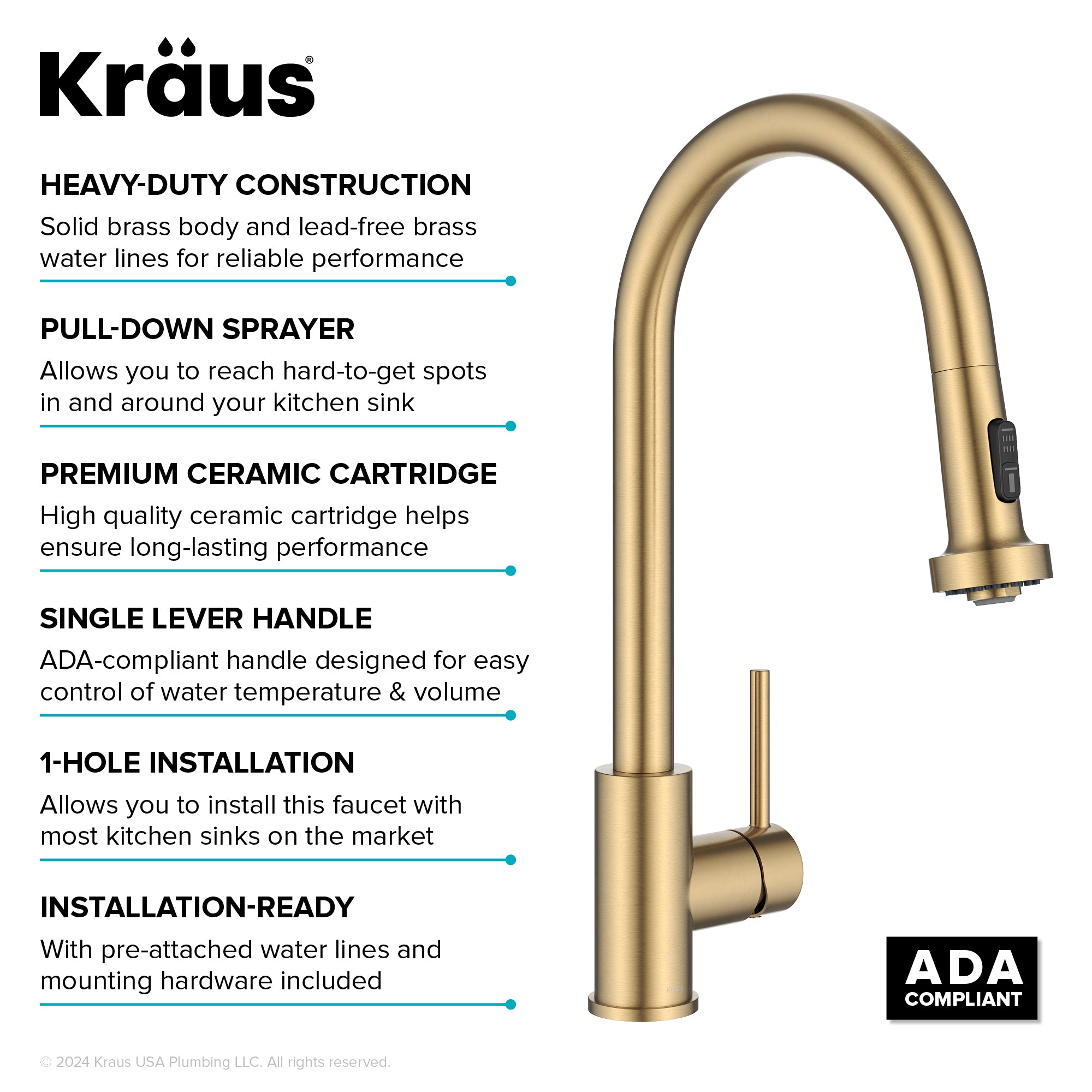 KRAUS 2-Function Single Handle Pull Down Kitchen Faucet in Spot-Free Brushed Brass