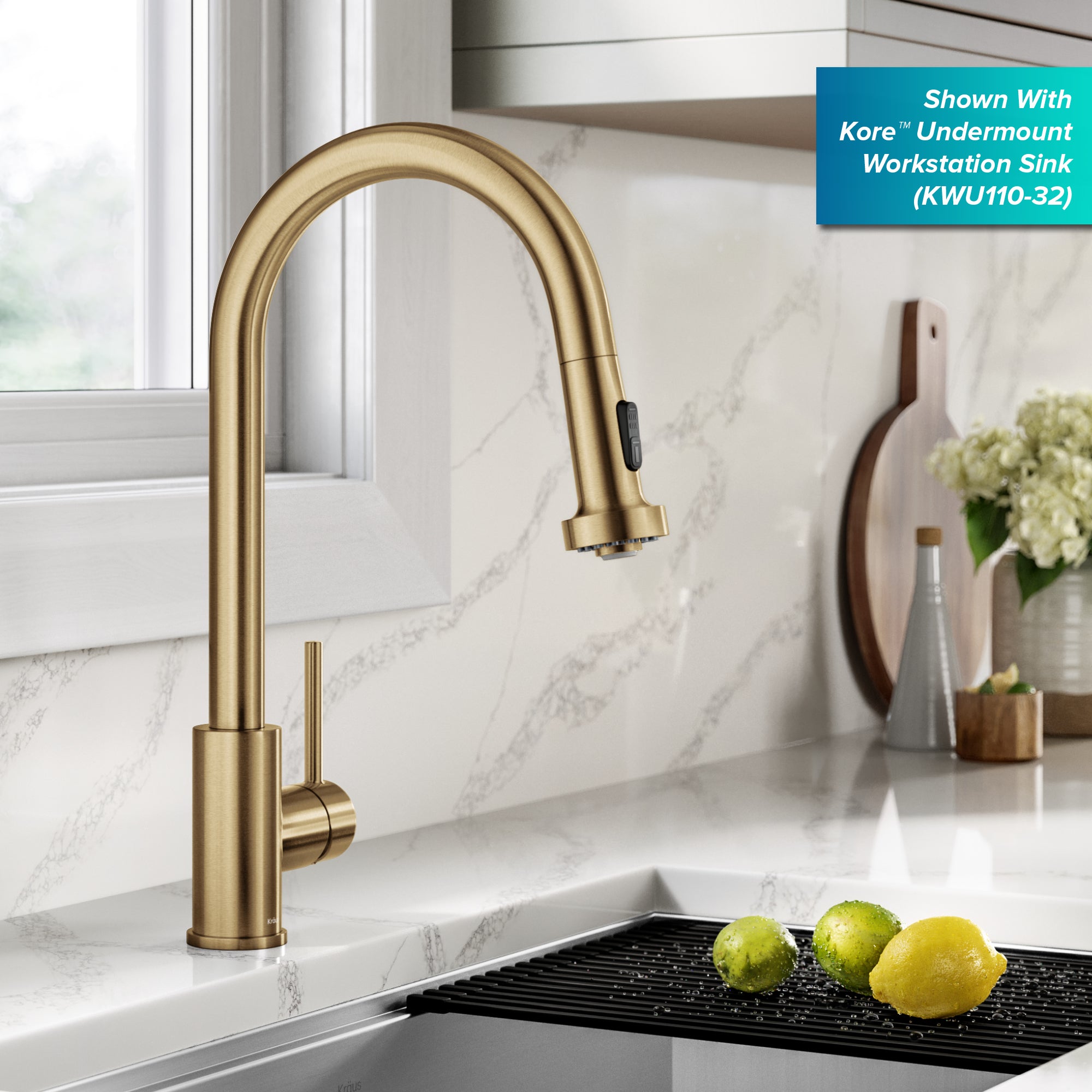 KRAUS 2-Function Single Handle Pull Down Kitchen Faucet in Spot-Free Brushed Brass