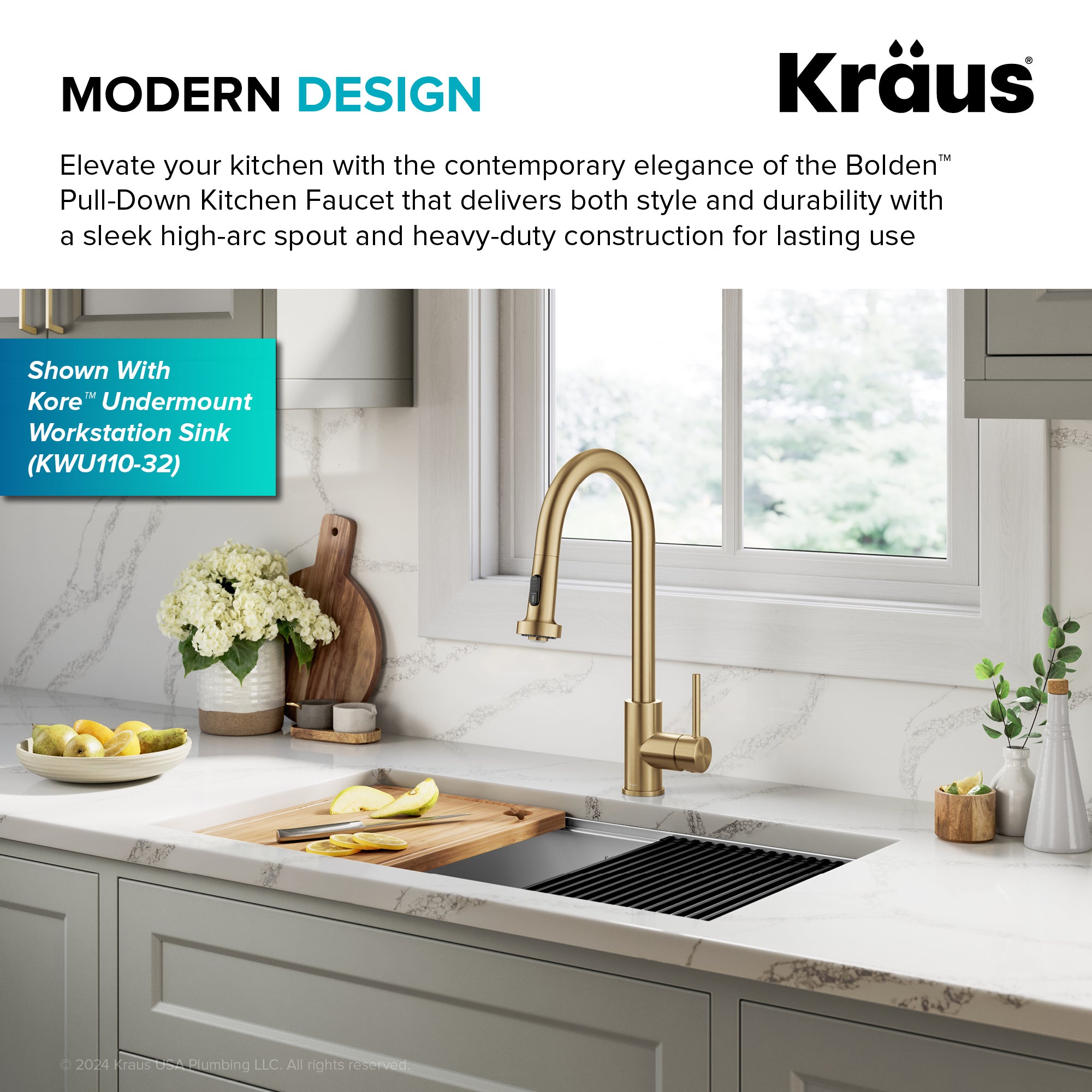 KRAUS 2-Function Single Handle Pull Down Kitchen Faucet in Spot-Free Brushed Brass